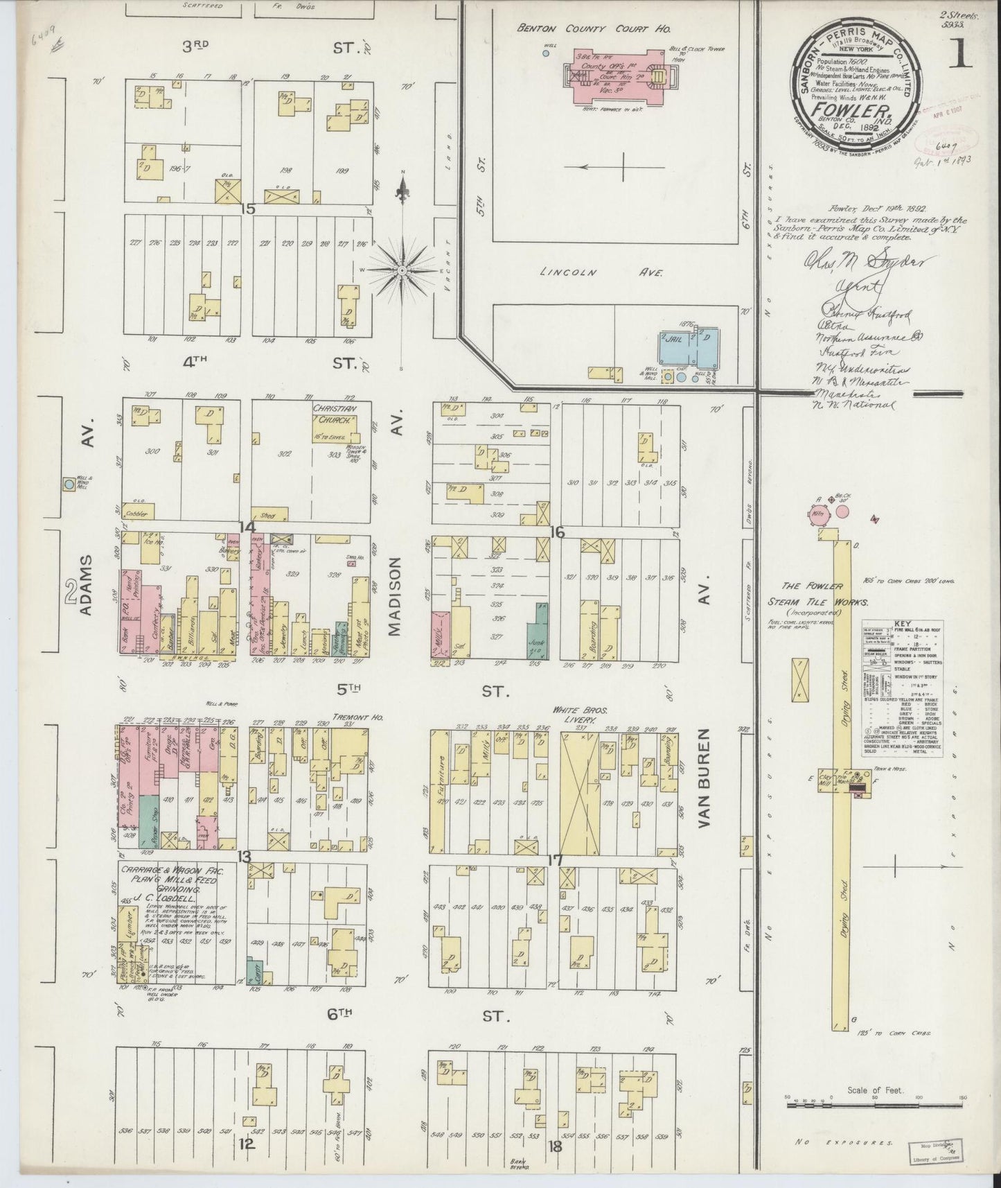 Sanborn Fire Insurance Map from Fowler, Benton County, Indiana (1892), Sheet #0001 - Complete Map Set gallery image, historic Sanborn map, vintage wall art, Indiana Indiana