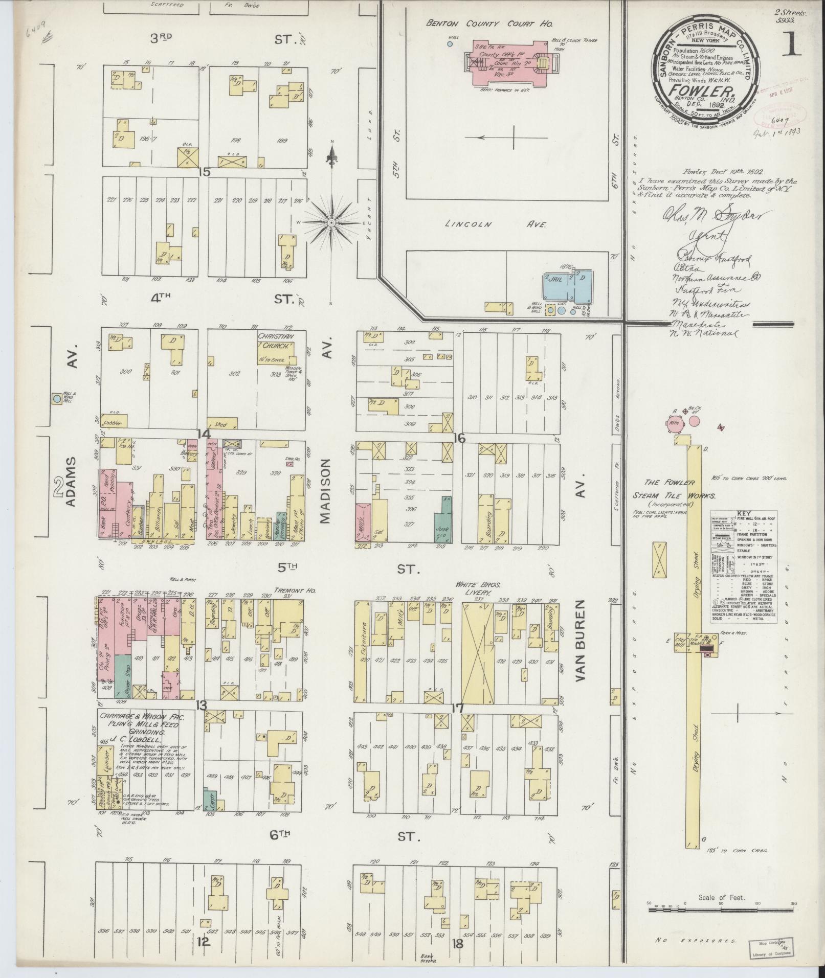 Sanborn Fire Insurance Map from Fowler, Benton County, Indiana (1892), Sheet #0001 - Complete Map Set gallery image, historic Sanborn map, vintage wall art, Indiana Indiana