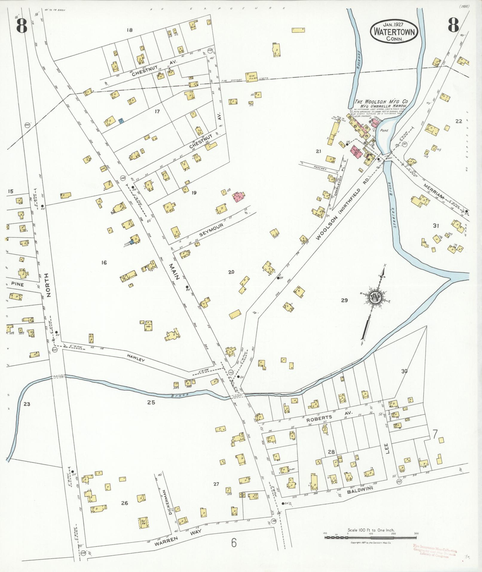 Sanborn Fire Insurance Map from Watertown, Litchfield County, Connecticut (1927), Sheet #0008 - Complete Map Set gallery image, historic Sanborn map, vintage wall art, Connecticut Connecticut