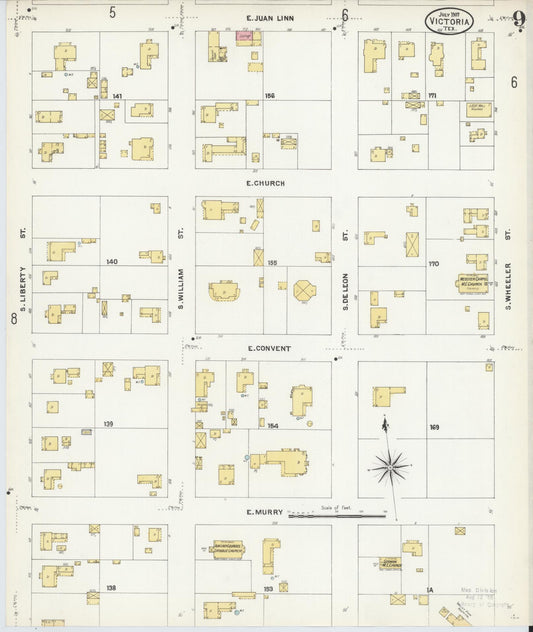 Sanborn Fire Insurance Map from Victoria, Victoria County, Texas (1907), Sheet #0009 - Historic Sanborn Fire Insurance Map Print, vintage old map wall art, antique decor, genealogy gift, Texas Texas map