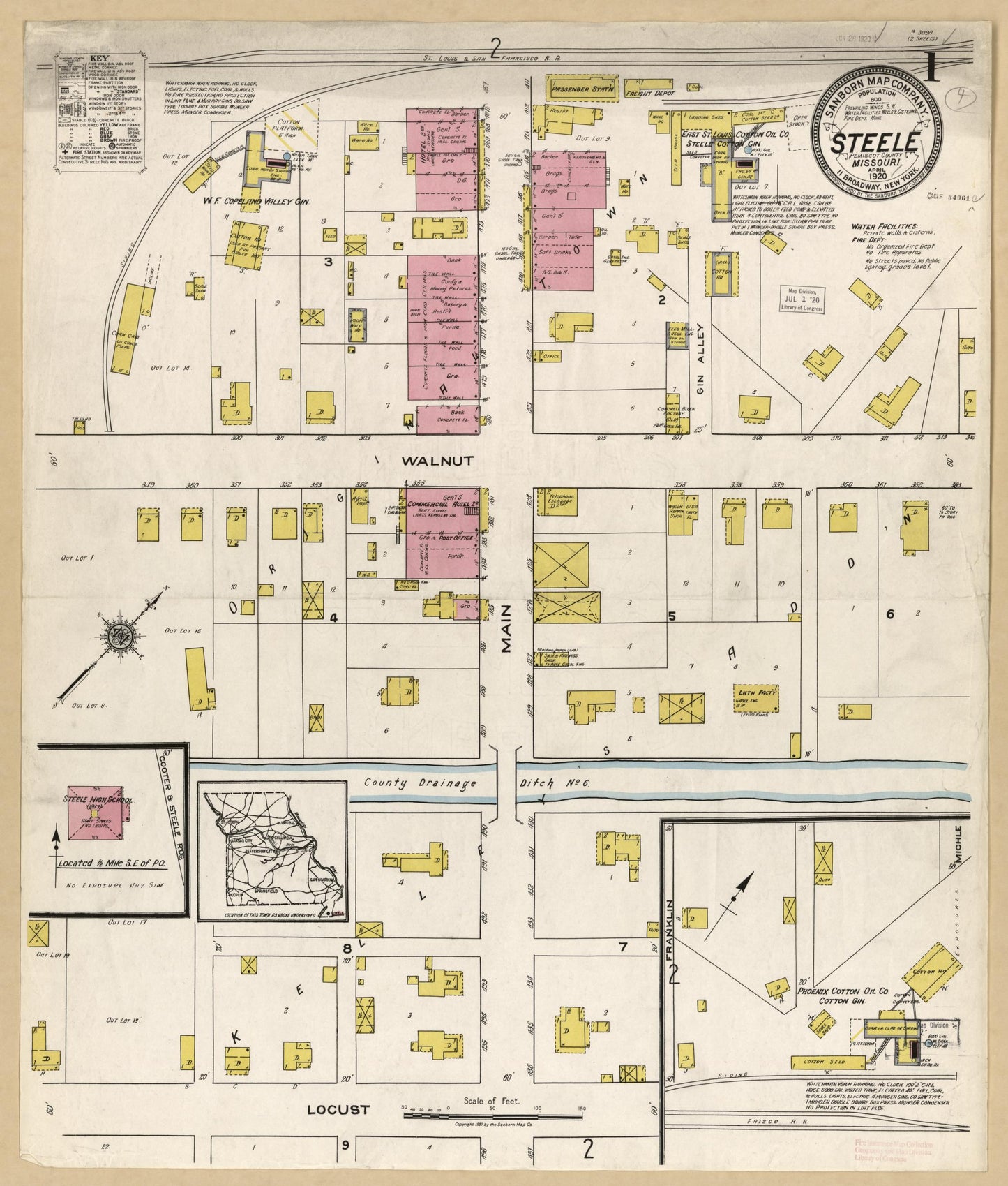 Sanborn Fire Insurance Map from Steele, Pemiscot County, Missouri (1920), Sheet #0001 - Historic Sanborn Fire Insurance Map Print, vintage old map wall art, antique decor, genealogy gift, Missouri Missouri map
