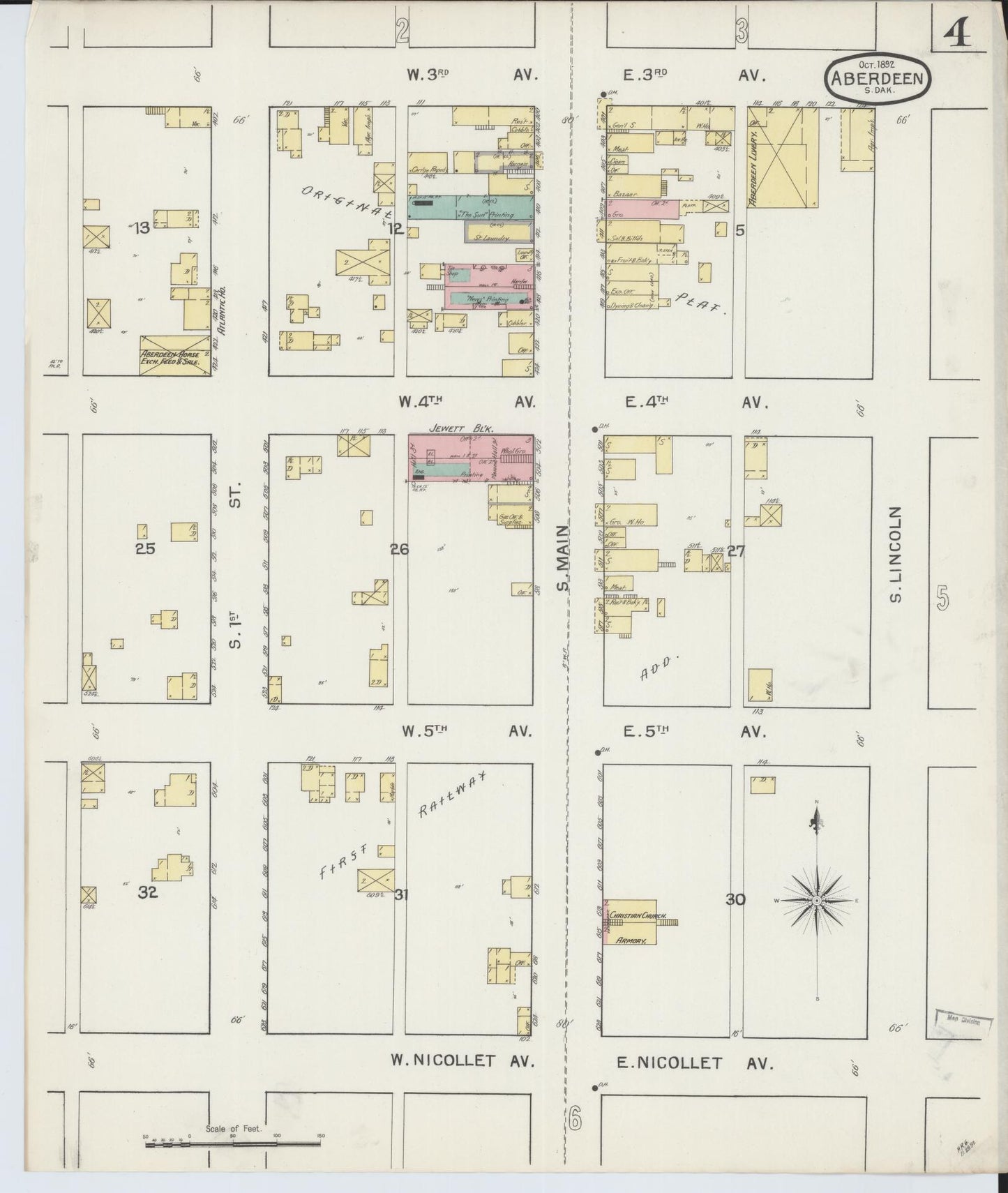 Sanborn Fire Insurance Map from Aberdeen, Brown County, South Dakota (1892), Sheet #0004 - Historic Sanborn Fire Insurance Map Print, vintage old map wall art, antique decor, genealogy gift, South Dakota South Dakota map