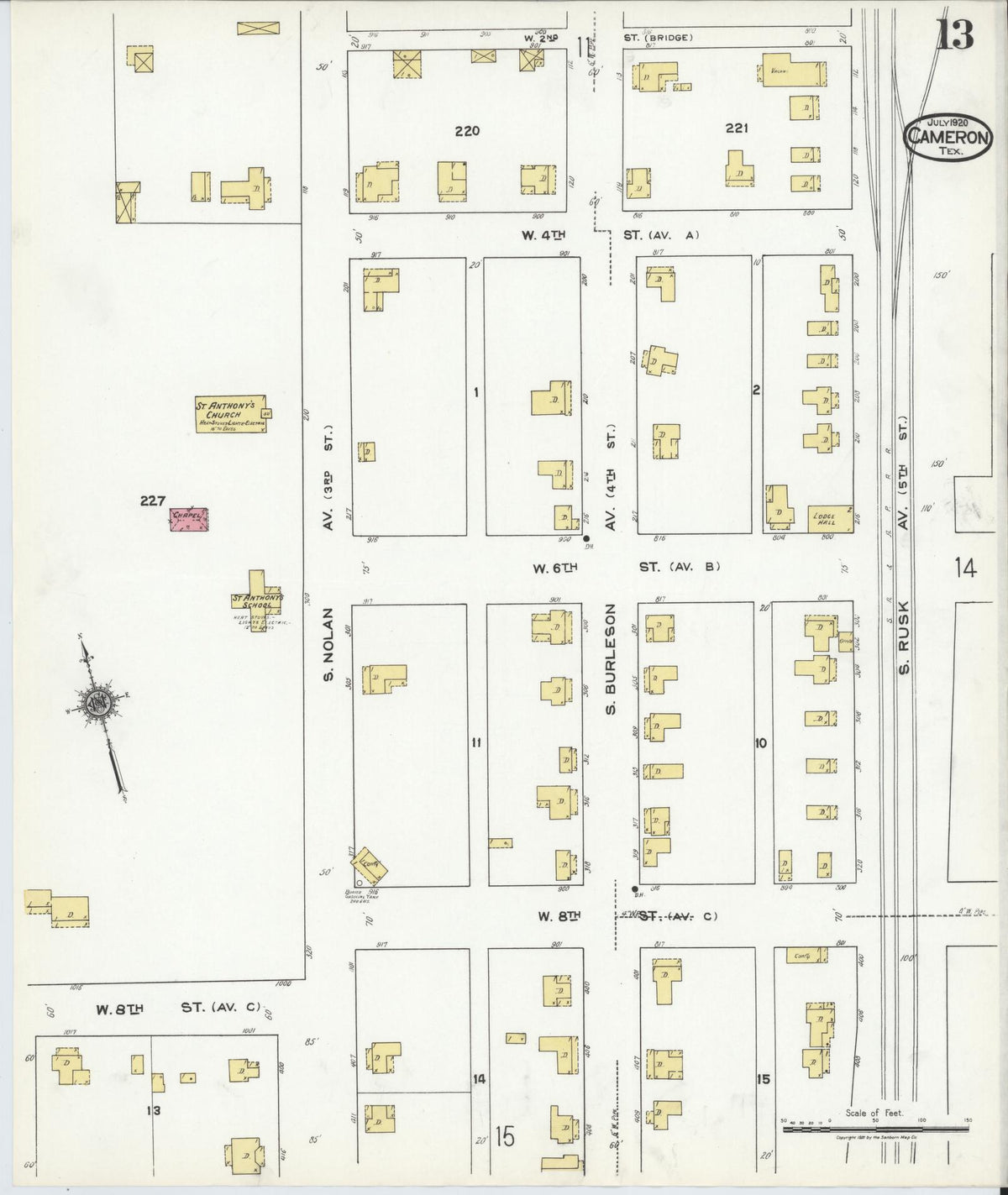 Sanborn Fire Insurance Map from Cameron, Milam County, Texas (1920), Sheet #0013 - Complete Map Set gallery image, historic Sanborn map, vintage wall art, Texas Texas