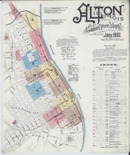 Sanborn Fire Insurance Map from Alton, Madison County, Illinois (1892), Sheet #0001 - Complete Map Set gallery image, historic Sanborn map, vintage wall art, Illinois Illinois