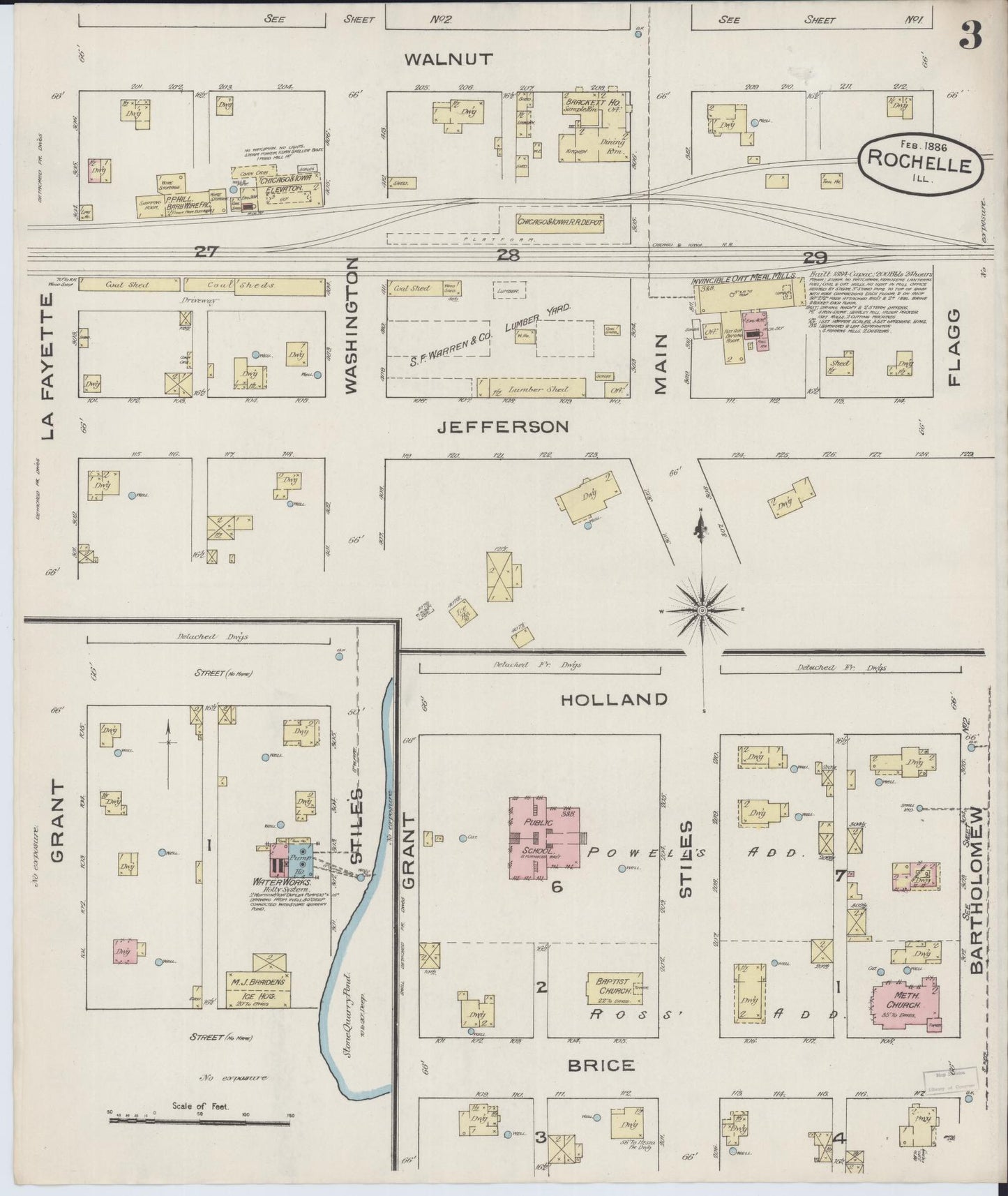 Sanborn Fire Insurance Map from Rochelle, Ogle County, Illinois (1886), Sheet #0003 - Historic Sanborn Fire Insurance Map Print, vintage old map wall art, antique decor, genealogy gift, Illinois Illinois map