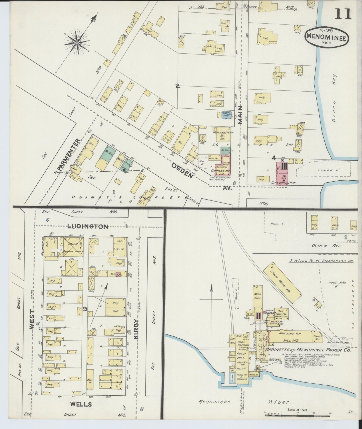 Sanborn Fire Insurance Map from Menominee, Menominee County, Michigan (1890), Sheet #0011 - Historic Sanborn Fire Insurance Map Print, vintage old map wall art, antique decor, genealogy gift, Michigan Michigan map