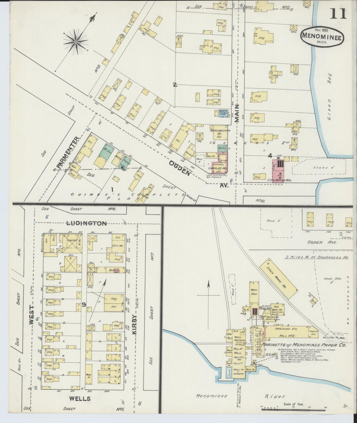Sanborn Fire Insurance Map from Menominee, Menominee County, Michigan (1890), Sheet #0011 - Historic Sanborn Fire Insurance Map Print, vintage old map wall art, antique decor, genealogy gift, Michigan Michigan map