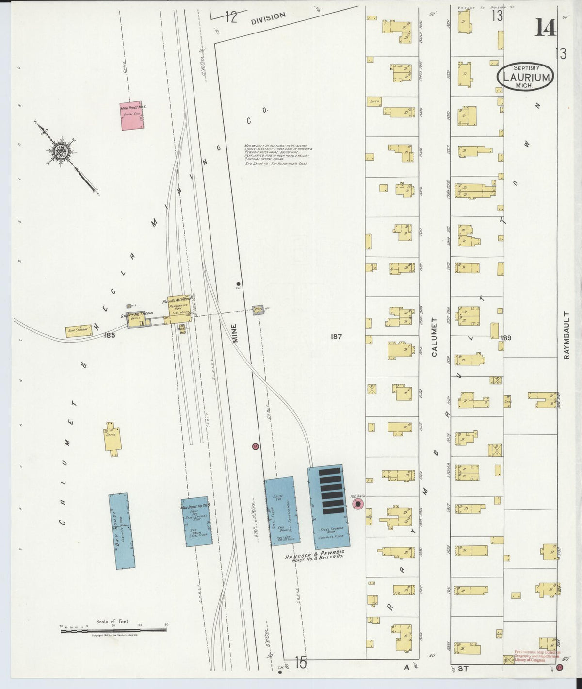 Sanborn Fire Insurance Map from Laurium, Houghton County, Michigan (1917), Sheet #0014 - Historic Sanborn Fire Insurance Map Print, vintage old map wall art, antique decor, genealogy gift, Michigan Michigan map