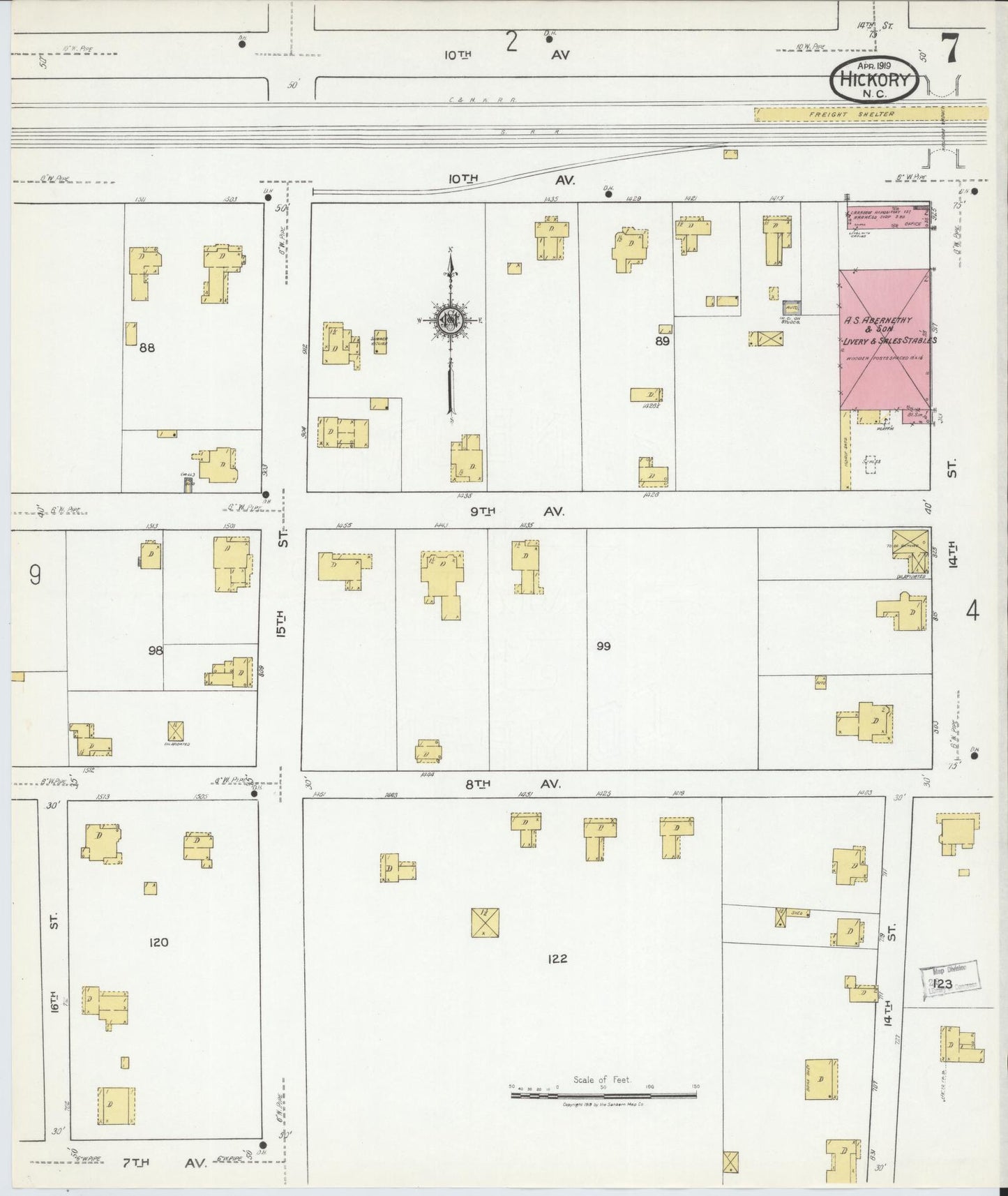 Sanborn Fire Insurance Map from Hickory, Catawba County, North Carolina (1919), Sheet #0007 - Historic Sanborn Fire Insurance Map Print, vintage old map wall art, antique decor, genealogy gift, North Carolina North Carolina map