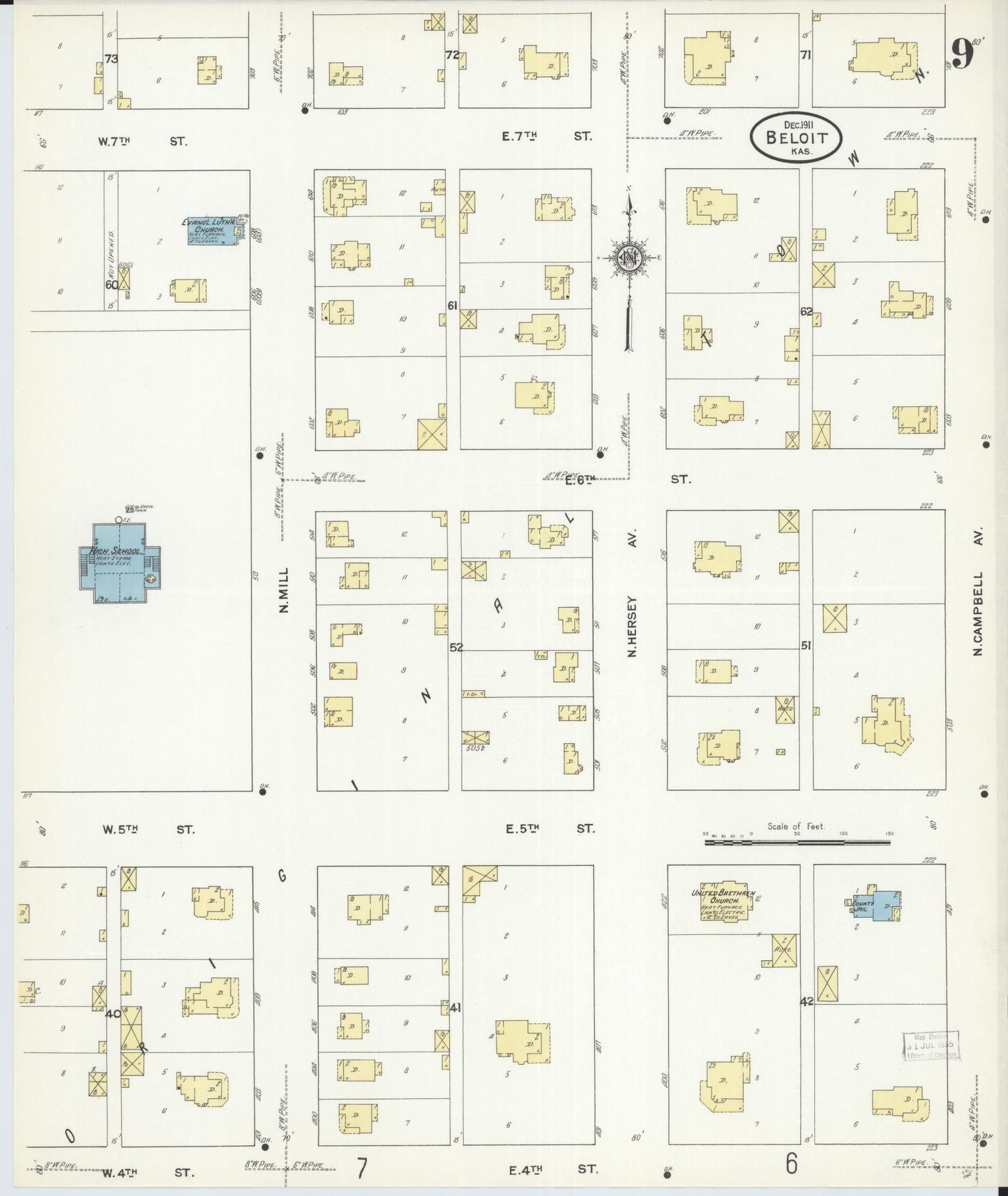 Sanborn Fire Insurance Map from Beloit, Mitchell County, Kansas (1911), Sheet #0009 - Historic Sanborn Fire Insurance Map Print, vintage old map wall art, antique decor, genealogy gift, Kansas Kansas map