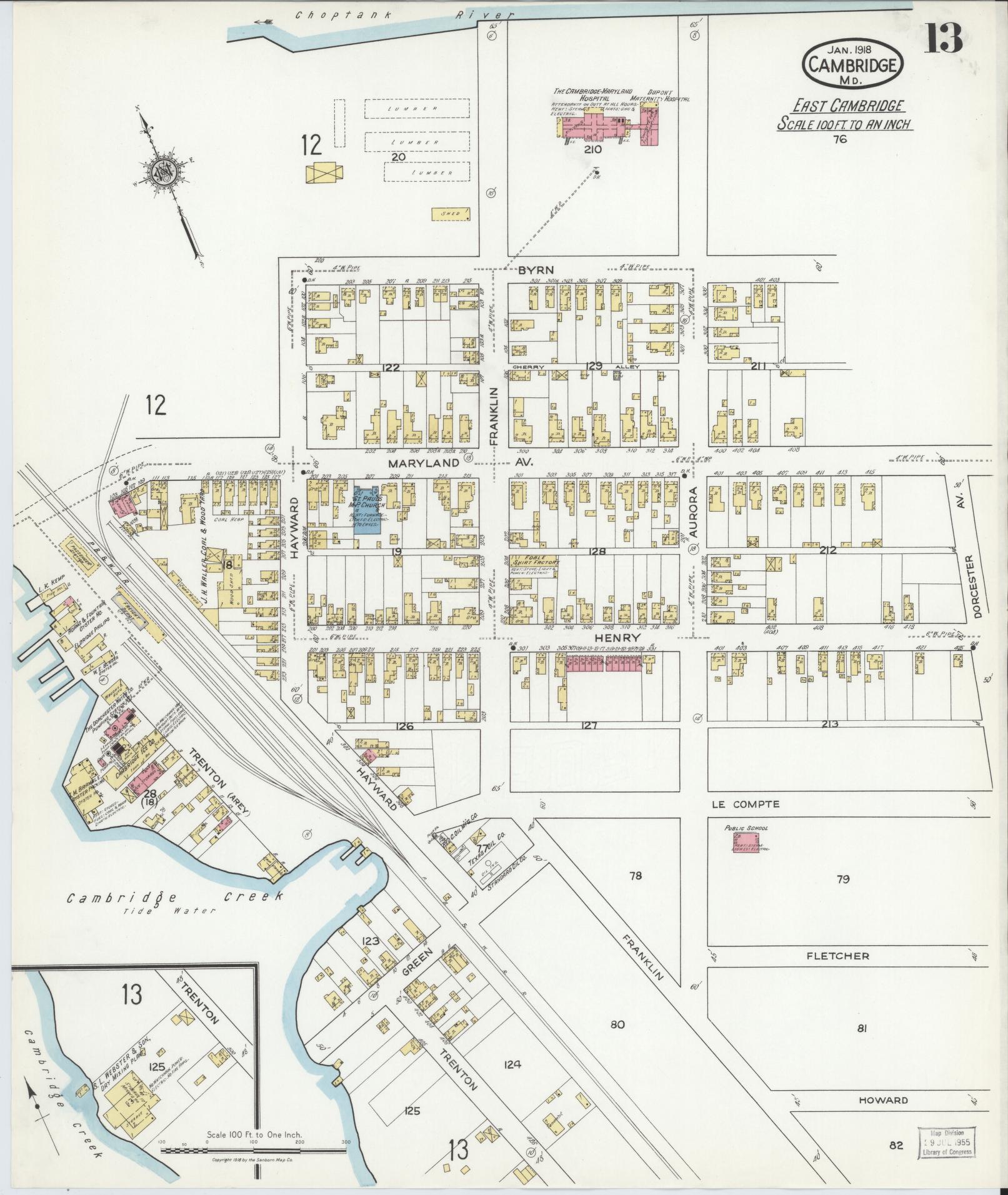 Dorchester, Maryland - 1918 - Sanborn Fire Insurance Map, Sheet #0013 - Historic Sanborn Fire Insurance Map Print, Dorchester Maryland 1918 0013 vintage old map wall art