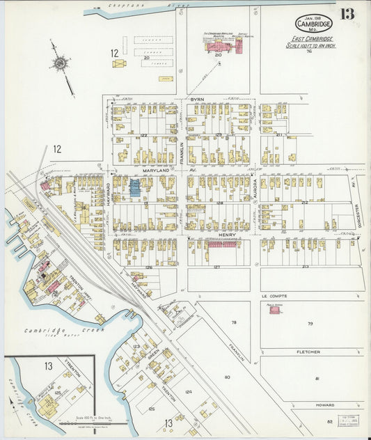 Dorchester, Maryland - 1918 - Sanborn Fire Insurance Map, Sheet #0013 - Historic Sanborn Fire Insurance Map Print, Dorchester Maryland 1918 0013 vintage old map wall art
