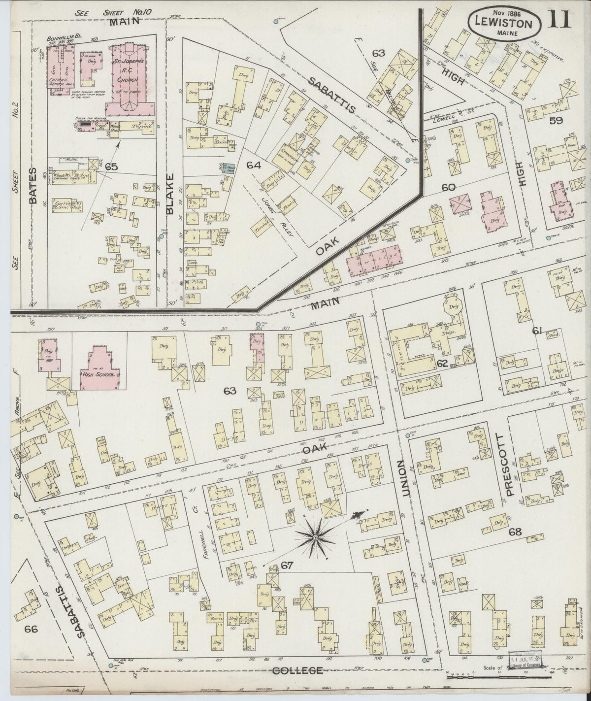 Sanborn Fire Insurance Map from Lewiston, Androscoggin County, Maine (1886), Sheet #0011 - Historic Sanborn Fire Insurance Map Print, vintage old map wall art, antique decor, genealogy gift, Maine Maine map