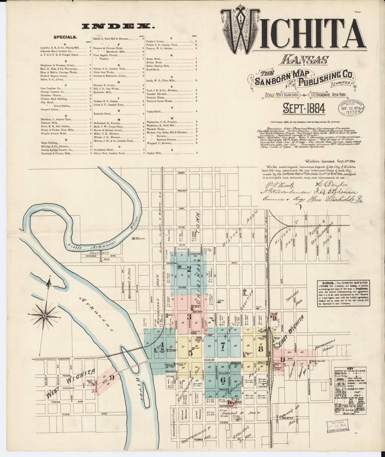 Sanborn Fire Insurance Map from Wichita, Sedgwick County, Kansas (1884), Sheet #0001 - Complete Map Set gallery image, historic Sanborn map, vintage wall art, Kansas Kansas