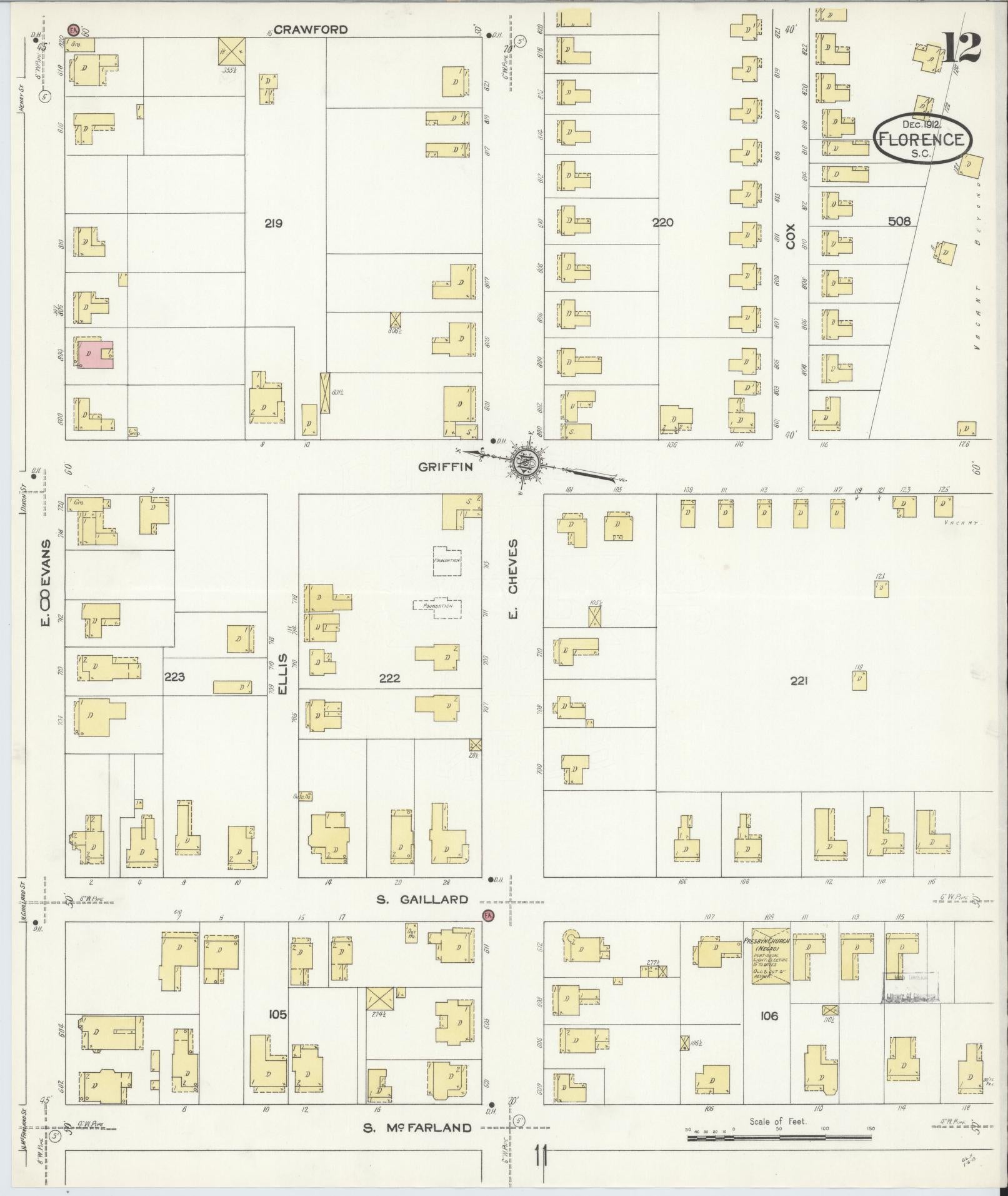 Sanborn Fire Insurance Map from Florence, Florence County, South Carolina (1912), Sheet #0012 - Historic Sanborn Fire Insurance Map Print, vintage old map wall art, antique decor, genealogy gift, South Carolina South Carolina map