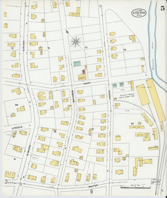 Sanborn Fire Insurance Map from Hyde Park, Norfolk County, Massachusetts (1905), Sheet #0005 - Historic Sanborn Fire Insurance Map Print, vintage old map wall art, antique decor, genealogy gift, Massachusetts Massachusetts map