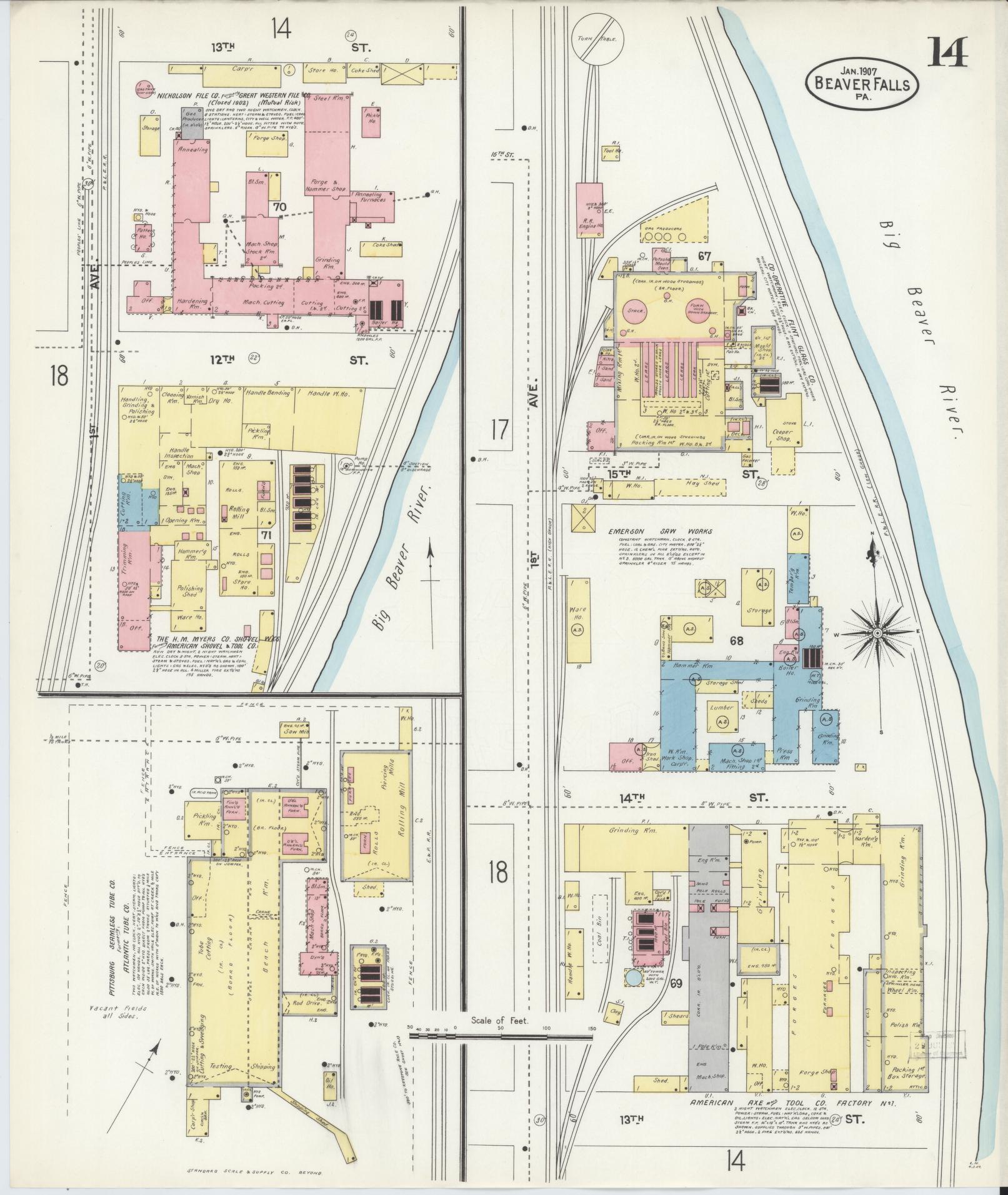 Sanborn Fire Insurance Map from Beaver Falls, Beaver County, Pennsylvania (1907), Sheet #0014 - Historic Sanborn Fire Insurance Map Print, vintage old map wall art, antique decor, genealogy gift, Pennsylvania Pennsylvania map