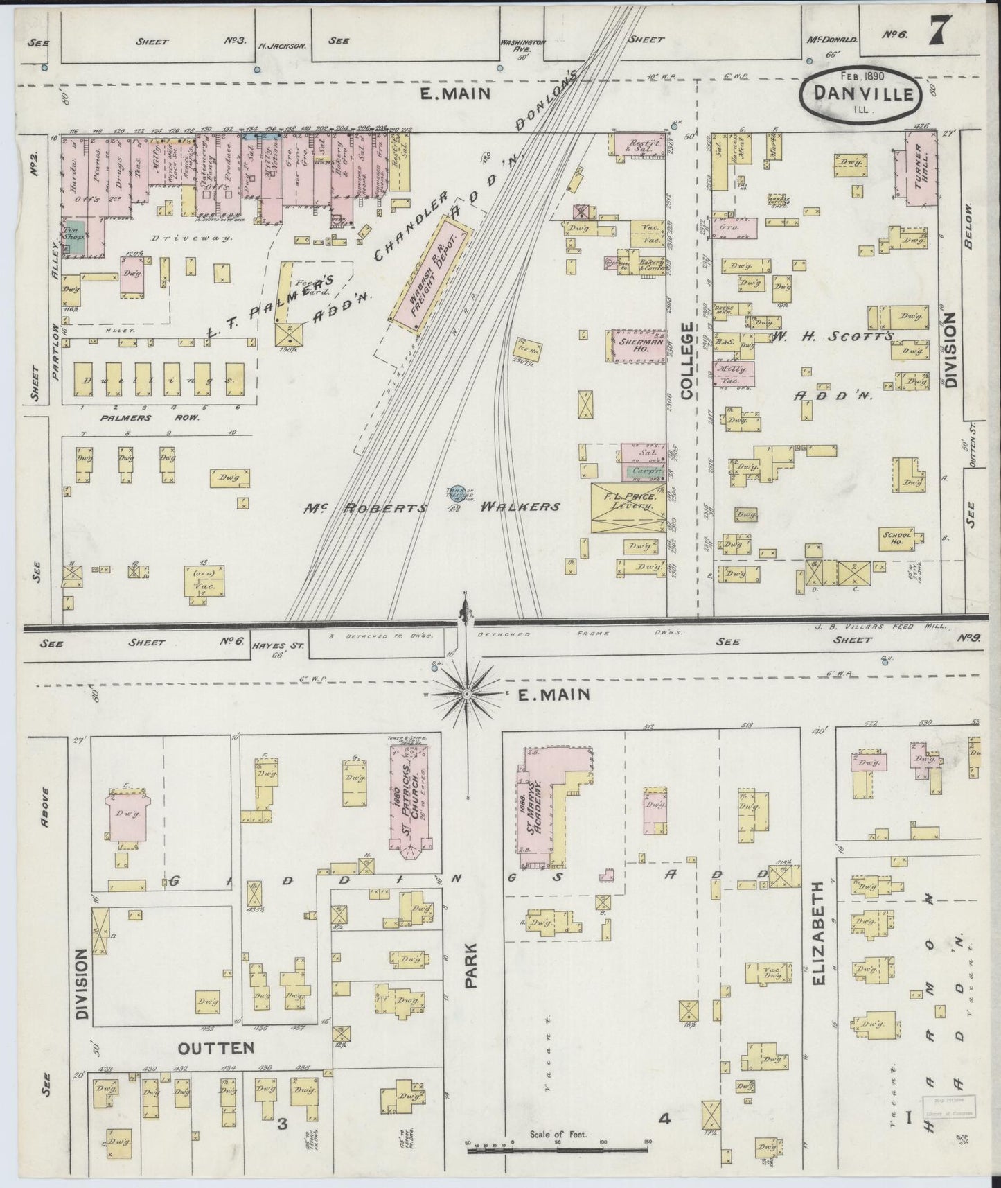 Sanborn Fire Insurance Map from Danville, Vermilion County, Illinois (1890), Sheet #0007 - Complete Map Set gallery image, historic Sanborn map, vintage wall art, Illinois Illinois