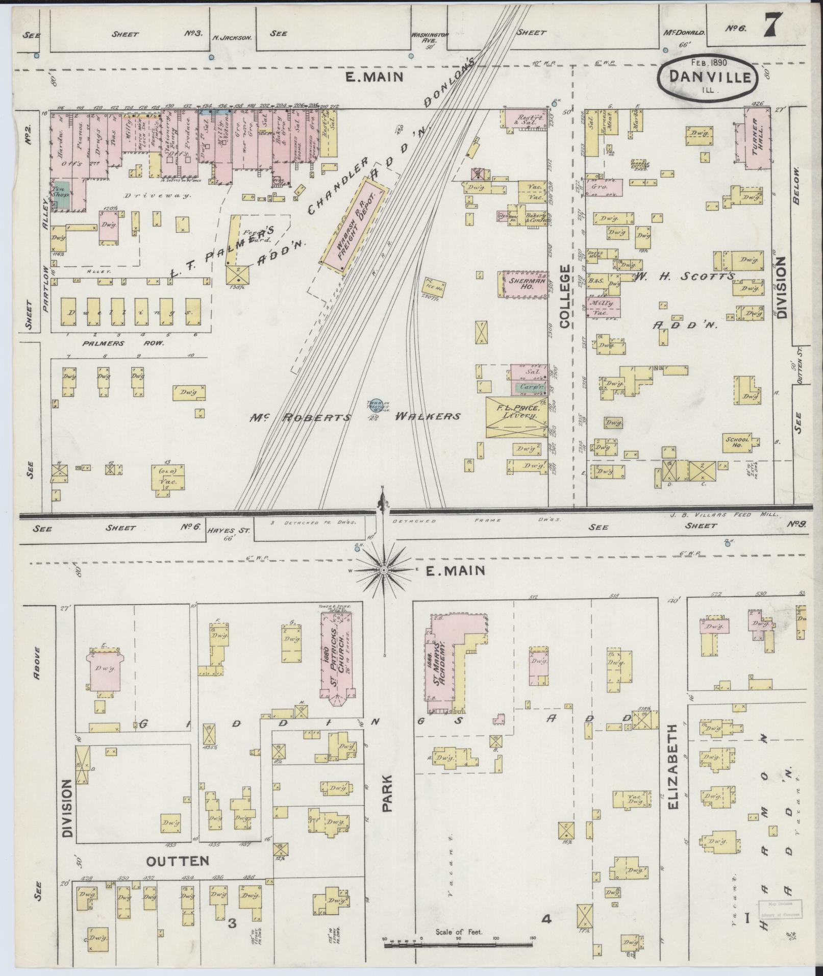 Sanborn Fire Insurance Map from Danville, Vermilion County, Illinois (1890), Sheet #0007 - Complete Map Set gallery image, historic Sanborn map, vintage wall art, Illinois Illinois