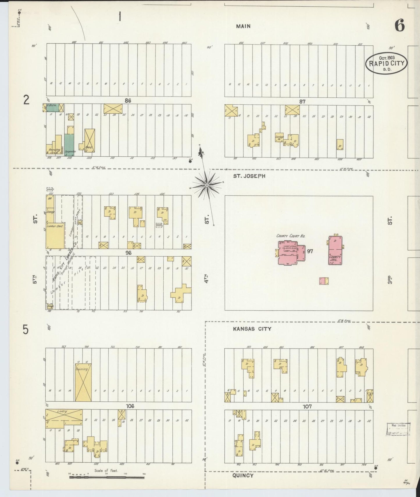 Sanborn Fire Insurance Map from Rapid City, Pennington County, South Dakota (1903), Sheet #0006 - Historic Sanborn Fire Insurance Map Print, vintage old map wall art, antique decor, genealogy gift, South Dakota South Dakota map
