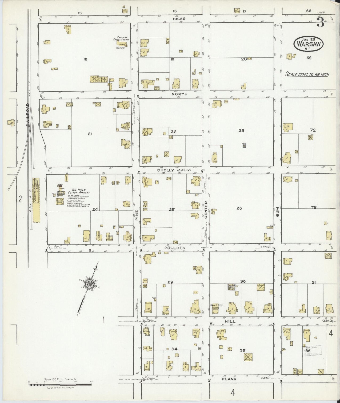 Sanborn Fire Insurance Map from Warsaw, Duplin County, North Carolina (1921), Sheet #0003 - Historic Sanborn Fire Insurance Map Print, vintage old map wall art, antique decor, genealogy gift, North Carolina North Carolina map