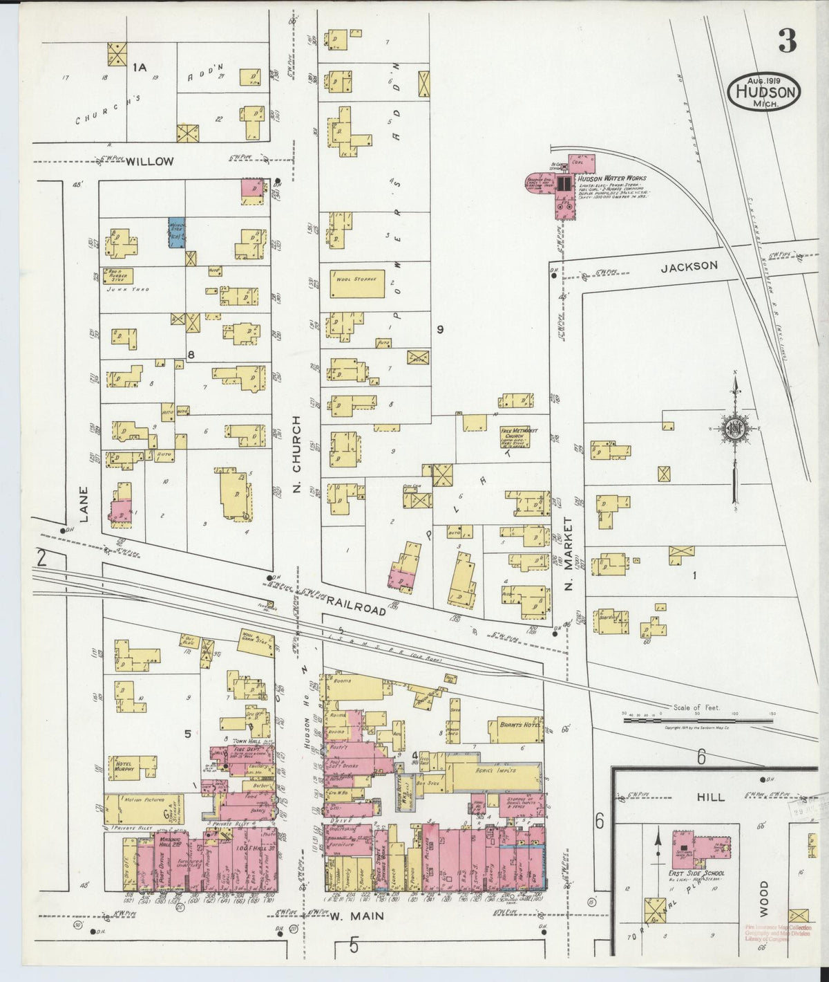 Sanborn Fire Insurance Map from Hudson, Lenawee County, Michigan (1919), Sheet #0003 - Historic Sanborn Fire Insurance Map Print, vintage old map wall art, antique decor, genealogy gift, Michigan Michigan map