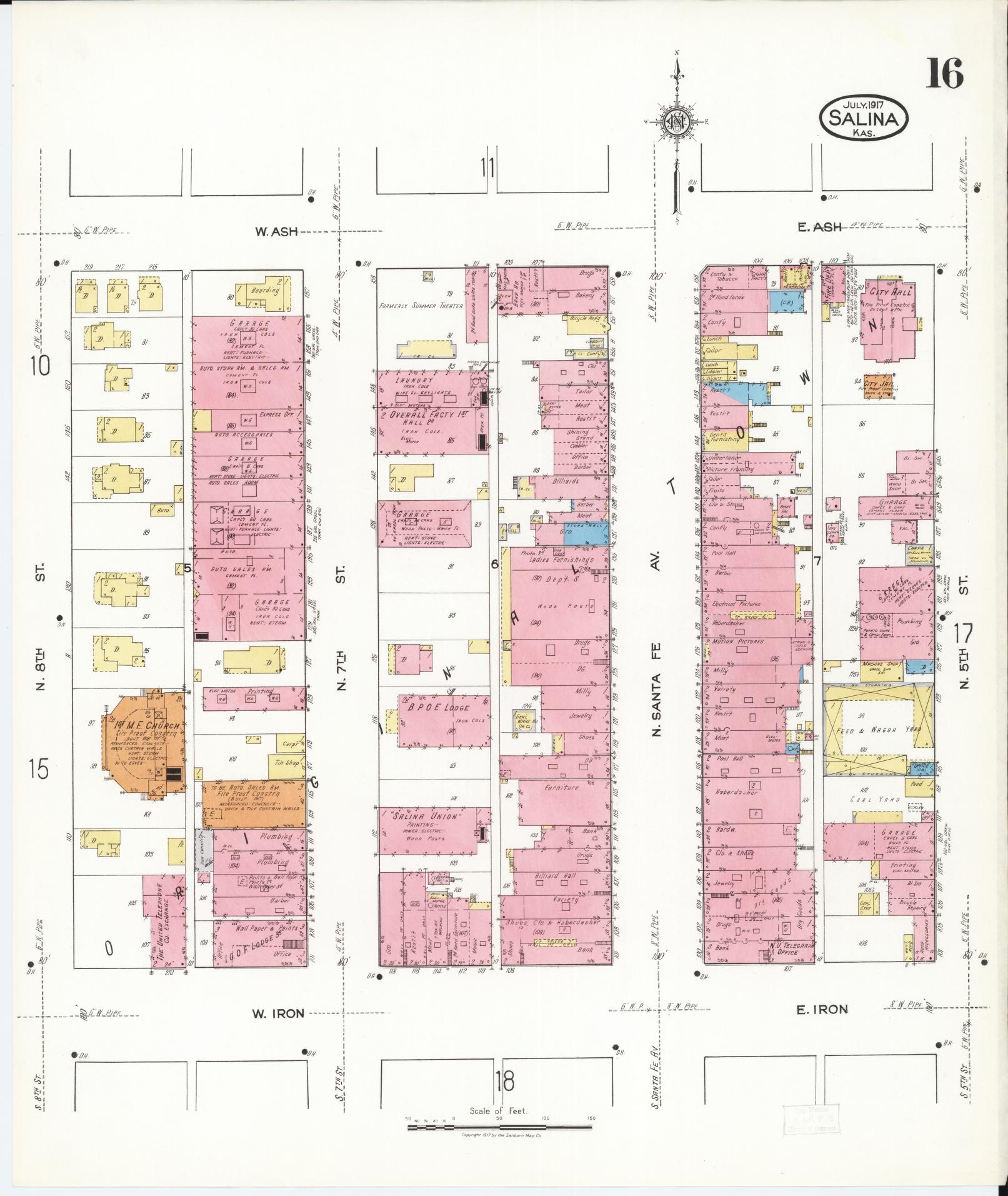 Sanborn Fire Insurance Map from Salina, Saline County, Kansas (1917), Sheet #0016 - Historic Sanborn Fire Insurance Map Print, vintage old map wall art, antique decor, genealogy gift, Kansas Kansas map
