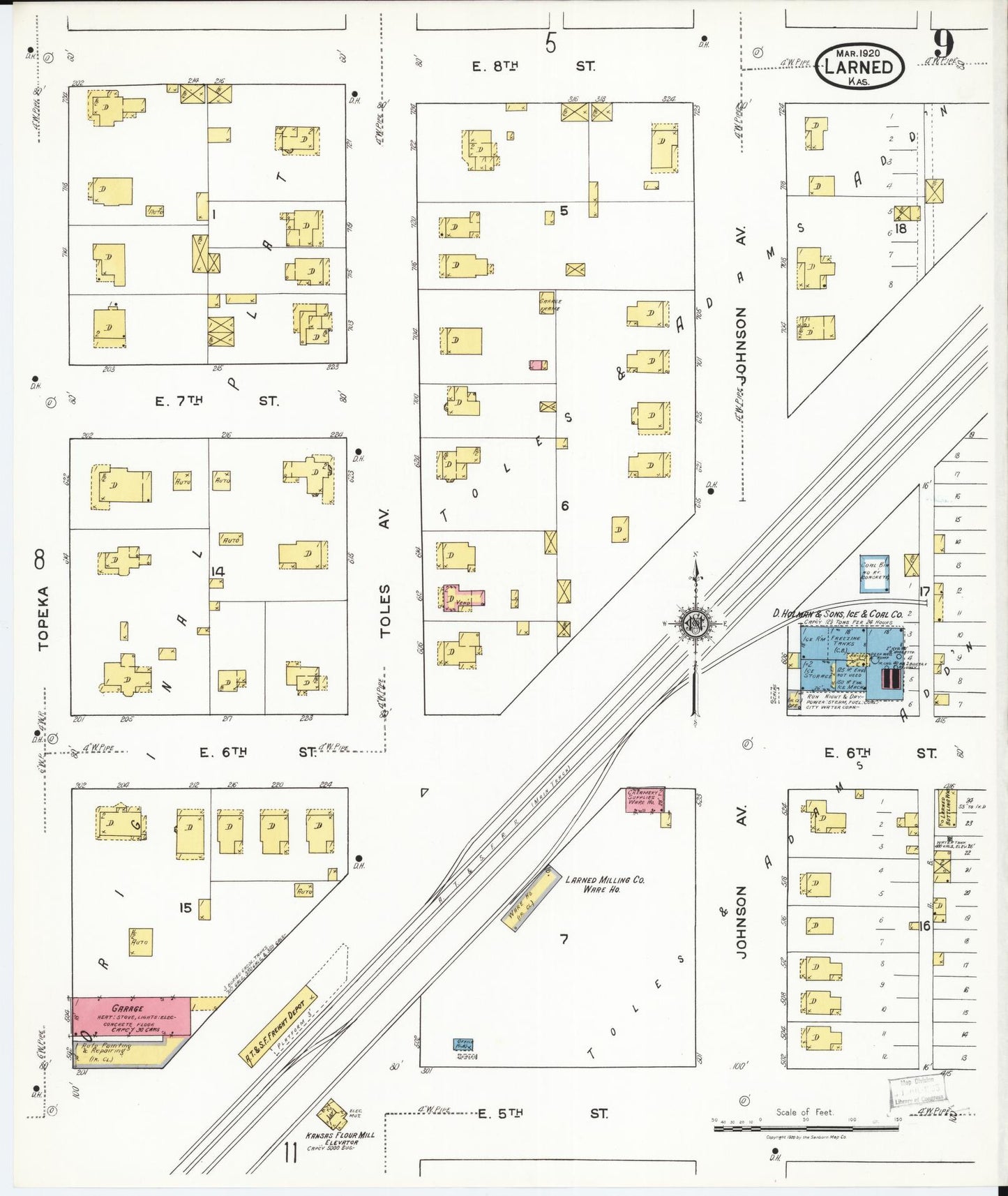 Sanborn Fire Insurance Map from Larned, Pawnee County, Kansas (1920), Sheet #0009 - Complete Map Set gallery image, historic Sanborn map, vintage wall art, Kansas Kansas