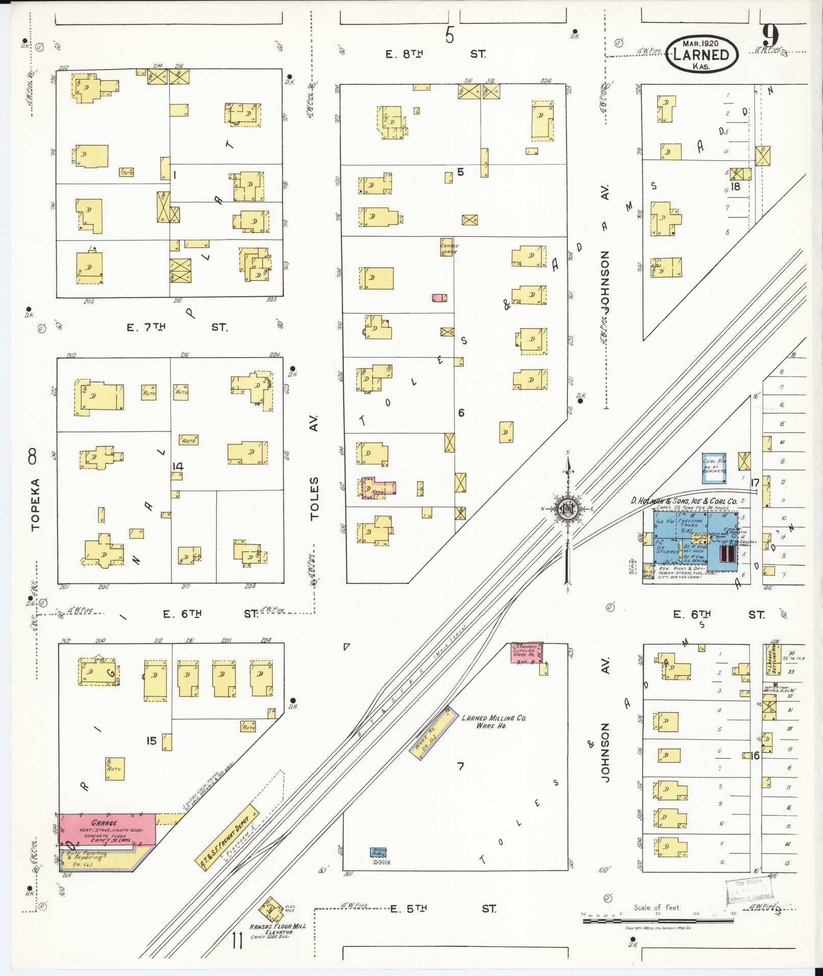 Sanborn Fire Insurance Map from Larned, Pawnee County, Kansas (1920), Sheet #0009 - Complete Map Set gallery image, historic Sanborn map, vintage wall art, Kansas Kansas