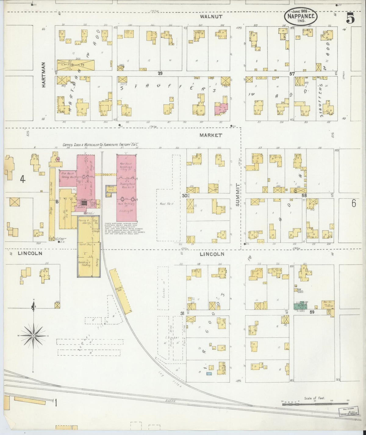 Sanborn Fire Insurance Map from Nappanee, Elkhart County, Indiana (1905), Sheet #0005 - Historic Sanborn Fire Insurance Map Print, vintage old map wall art, antique decor, genealogy gift, Indiana Indiana map