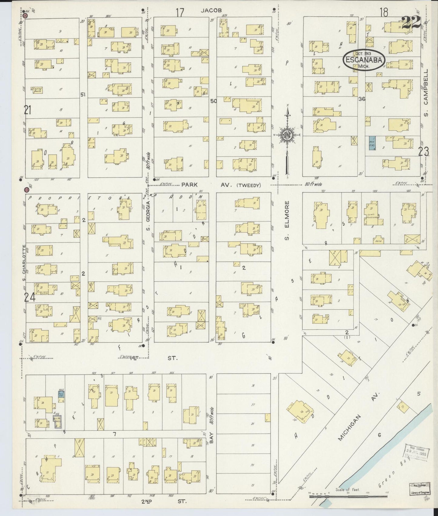Sanborn Fire Insurance Map from Escanaba, Delta County, Michigan (1913), Sheet #0022 - Historic Sanborn Fire Insurance Map Print, vintage old map wall art, antique decor, genealogy gift, Michigan Michigan map