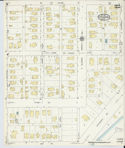 Sanborn Fire Insurance Map from Escanaba, Delta County, Michigan (1913), Sheet #0022 - Historic Sanborn Fire Insurance Map Print, vintage old map wall art, antique decor, genealogy gift, Michigan Michigan map