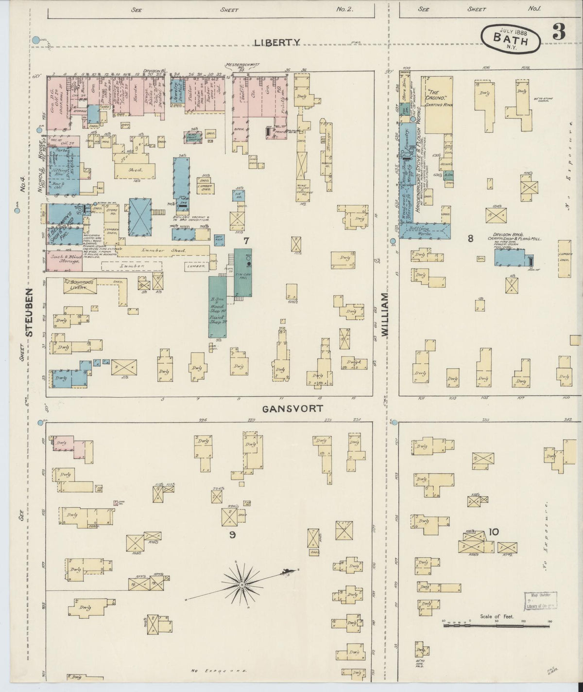 Sanborn Fire Insurance Map from Bath, Steuben County, New York (1888), Sheet #0003 - Complete Map Set gallery image, historic Sanborn map, vintage wall art, New York New York
