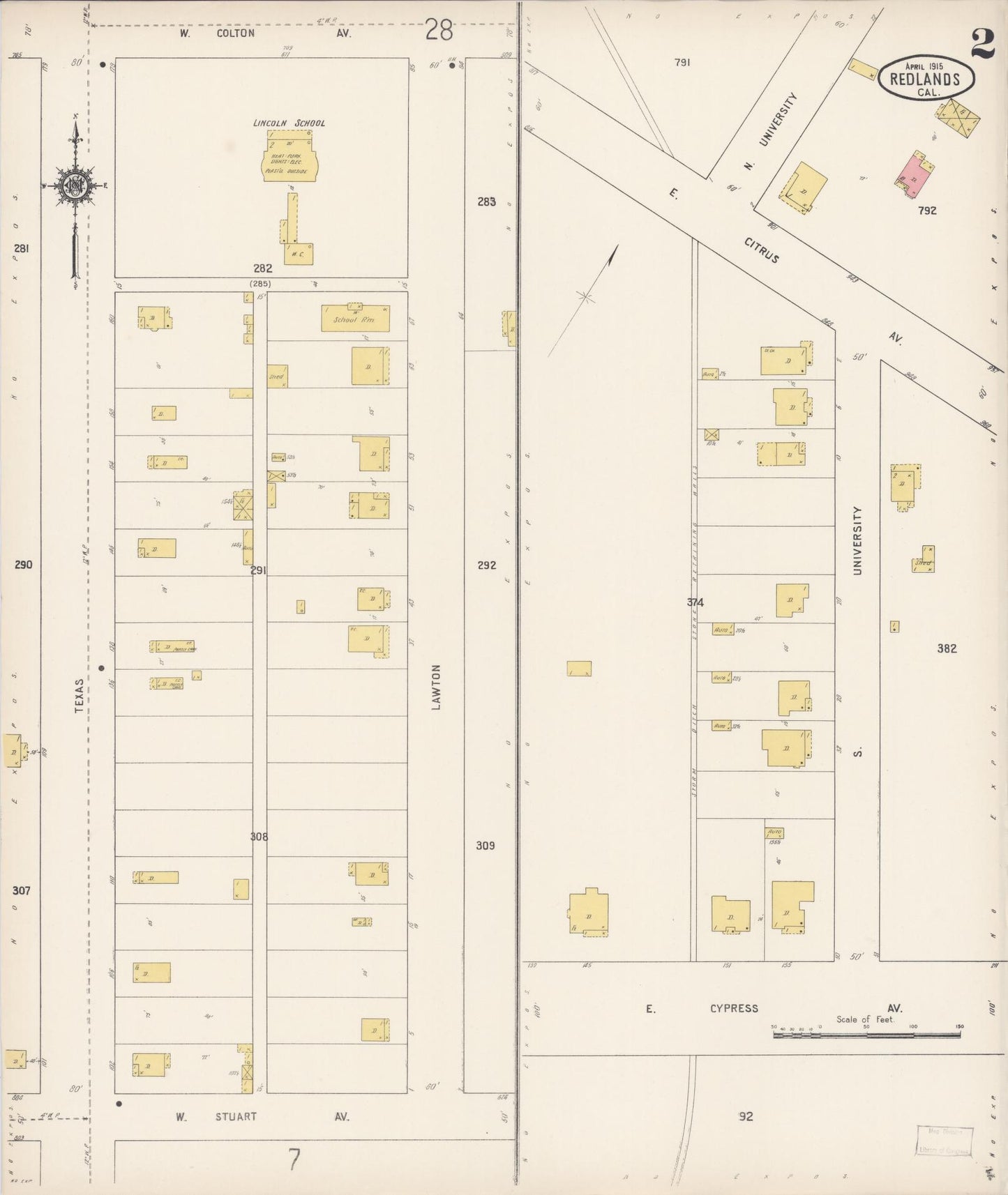 Sanborn Fire Insurance Map from Redlands, San Bernardino County, California (1915), Sheet #0002 - Complete Map Set gallery image, historic Sanborn map, vintage wall art, California California