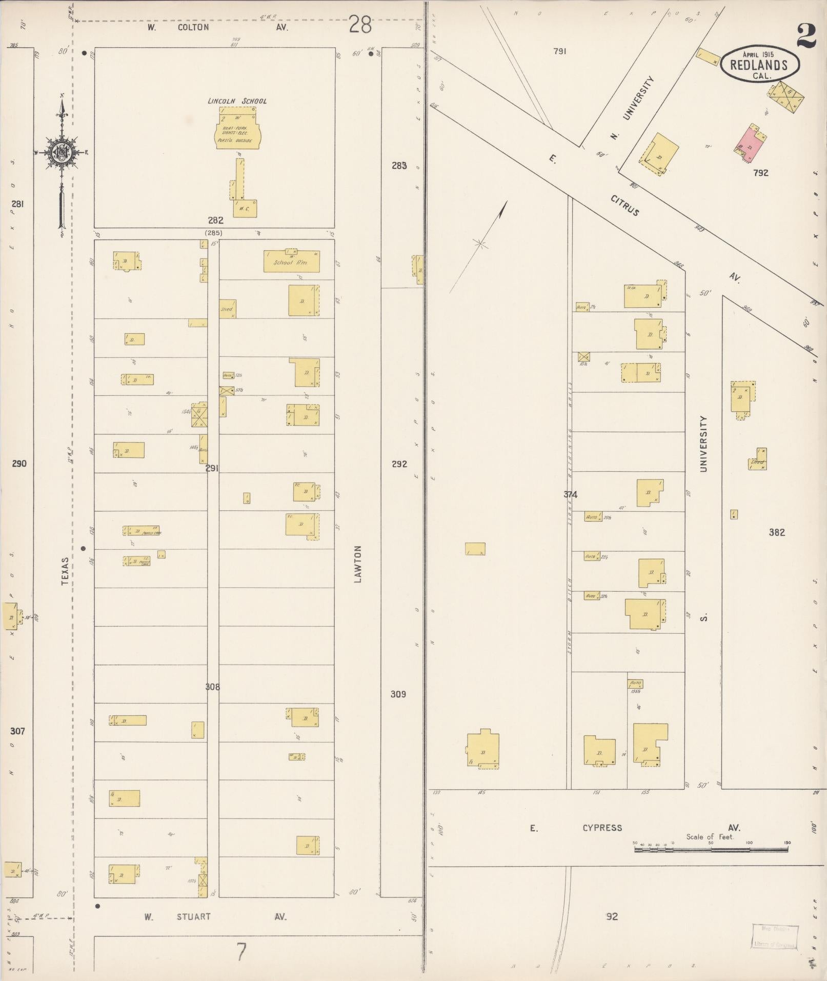 Sanborn Fire Insurance Map from Redlands, San Bernardino County, California (1915), Sheet #0002 - Complete Map Set gallery image, historic Sanborn map, vintage wall art, California California