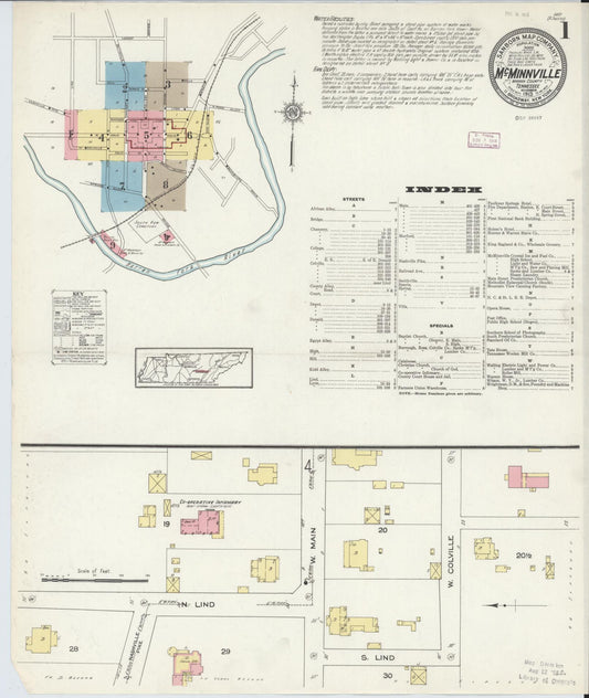 Sanborn Fire Insurance Map from McMinnville, Warren County, Tennessee (1913), Sheet #0001 - Complete Map Set gallery image, historic Sanborn map, vintage wall art, Tennessee Tennessee