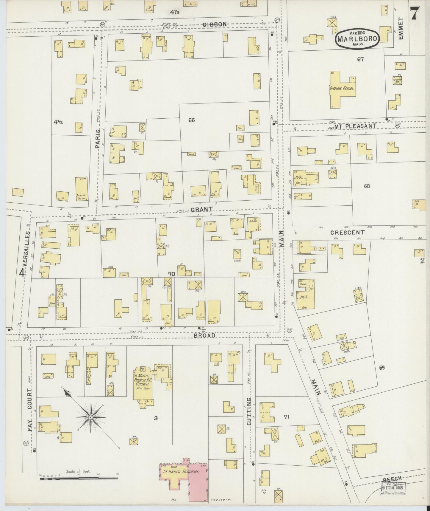 Sanborn Fire Insurance Map from Marlborough, Middlesex County, Massachusetts (1896), Sheet #0007 - Historic Sanborn Fire Insurance Map Print, vintage old map wall art, antique decor, genealogy gift, Massachusetts Massachusetts map