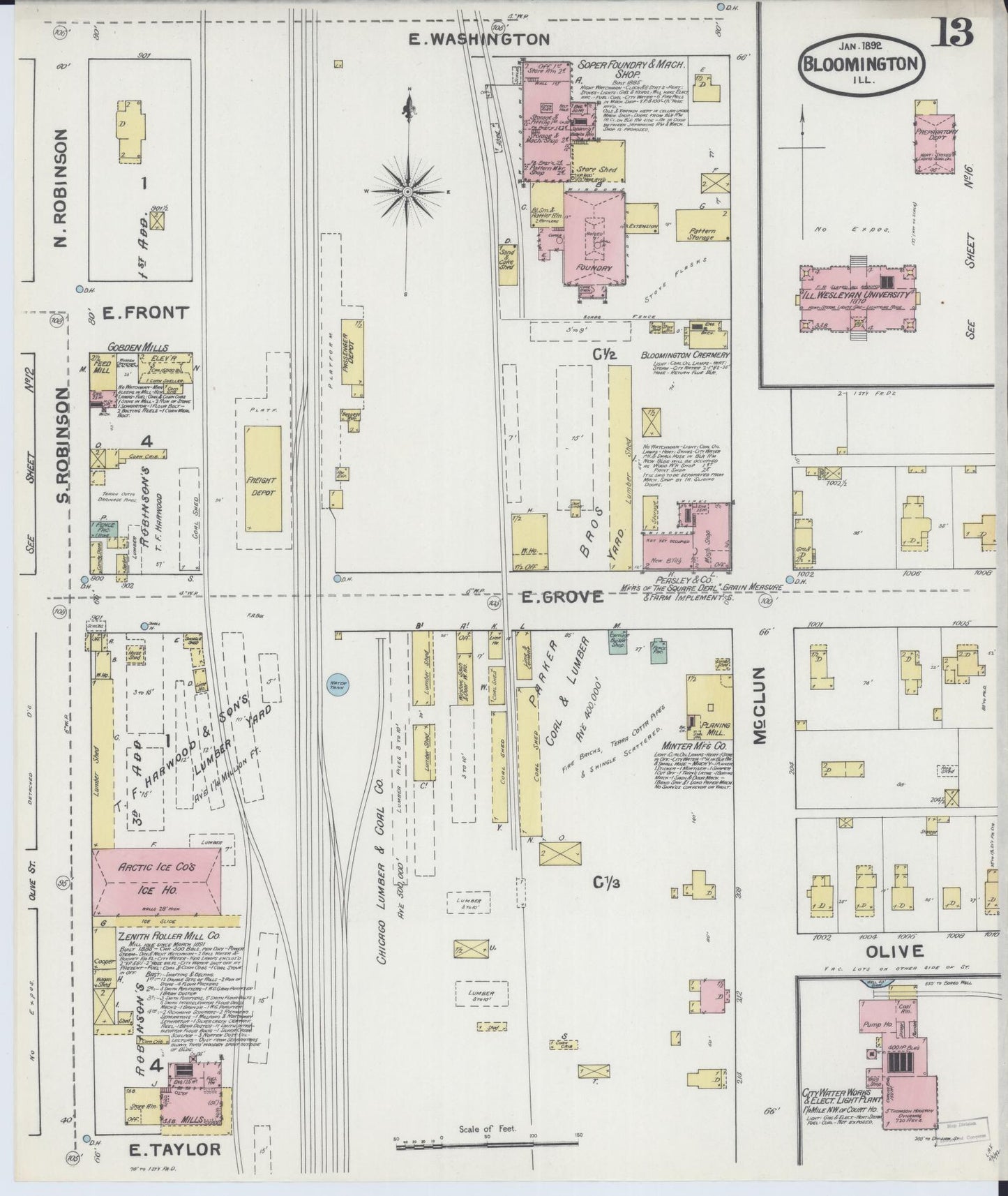 Sanborn Fire Insurance Map from Bloomington, McLean County, Illinois (1892), Sheet #0013 - Complete Map Set gallery image, historic Sanborn map, vintage wall art, Illinois Illinois