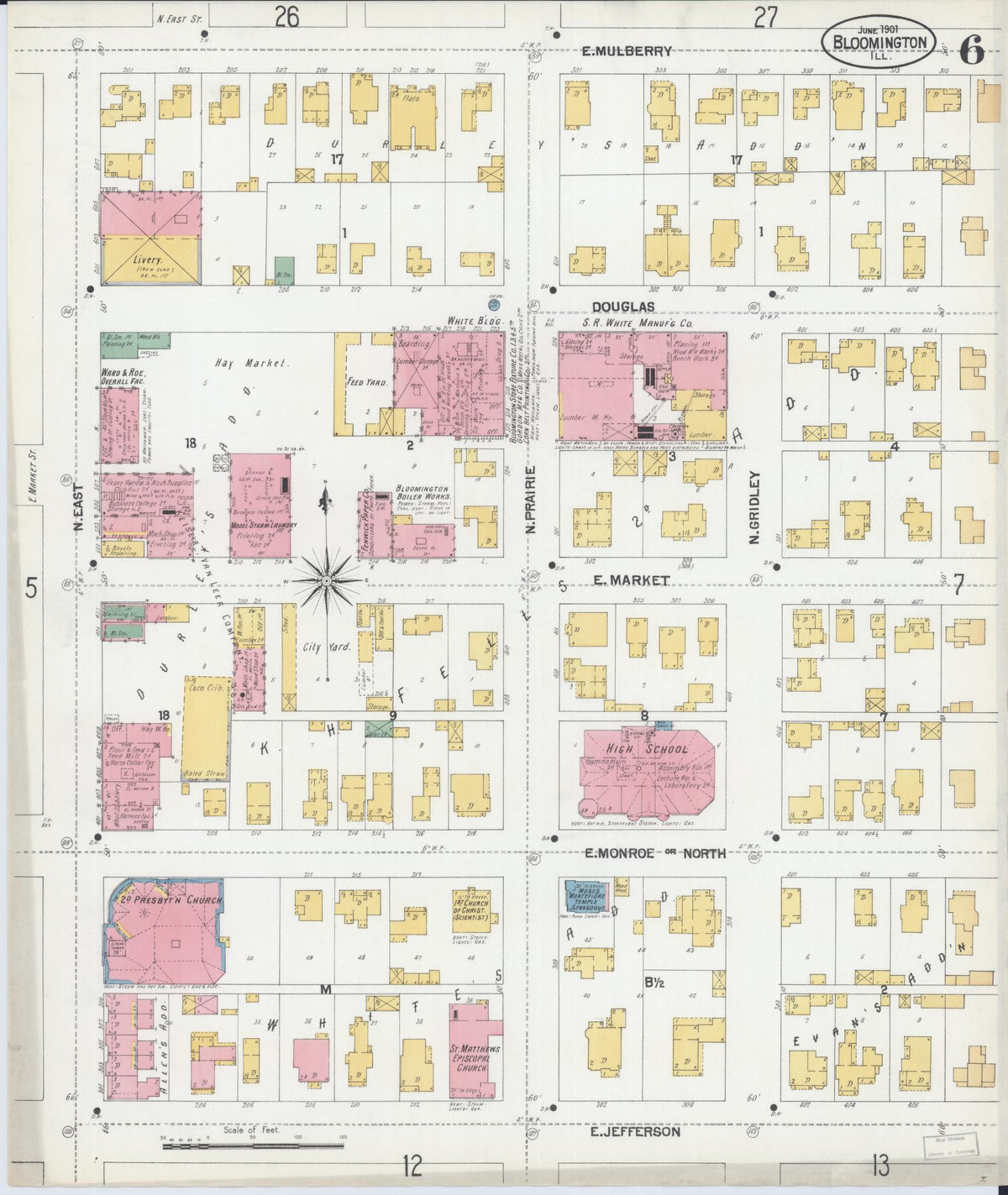 Sanborn Fire Insurance Map from Bloomington, McLean County, Illinois (1901), Sheet #0006 - Complete Map Set gallery image, historic Sanborn map, vintage wall art, Illinois Illinois