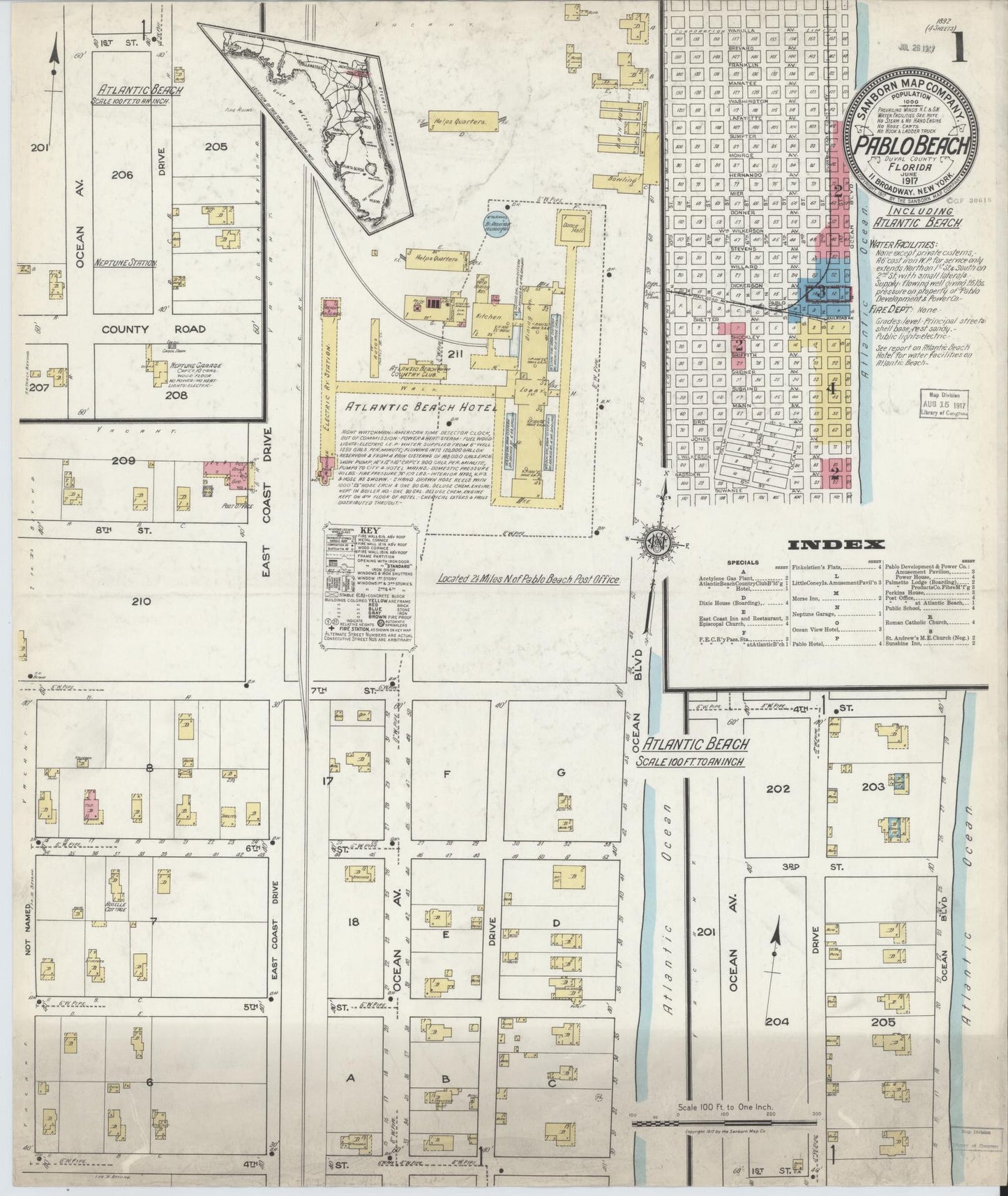 Sanborn Fire Insurance Map from Pablo Beach, Duval County, Florida (1917), Sheet #0001 - Complete Map Set gallery image, historic Sanborn map, vintage wall art, Florida Florida