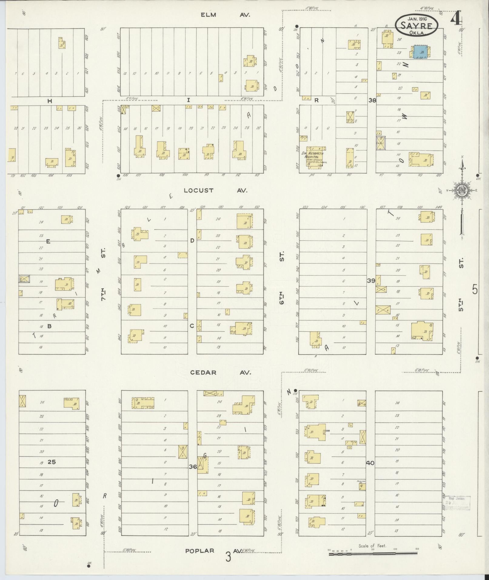 Sanborn Fire Insurance Map from Sayre, Beckham County, Oklahoma (1916), Sheet #0004 - Complete Map Set gallery image, historic Sanborn map, vintage wall art, Oklahoma Oklahoma