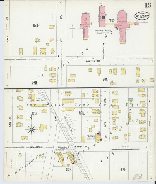 Sanborn Fire Insurance Map from Ann Arbor, Washtenaw County, Michigan (1899), Sheet #0013 - Historic Sanborn Fire Insurance Map Print, vintage old map wall art, antique decor, genealogy gift, Michigan Michigan map