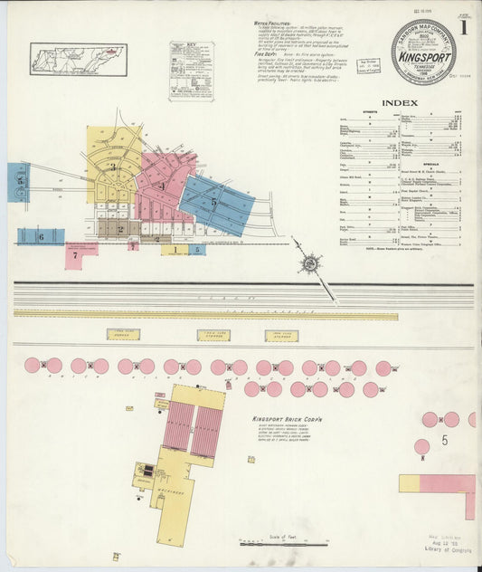 Sanborn Fire Insurance Map from Kingsport, Sullivan County, Tennessee (1916), Sheet #0001 - Historic Sanborn Fire Insurance Map Print, vintage old map wall art, antique decor, genealogy gift, Tennessee Tennessee map