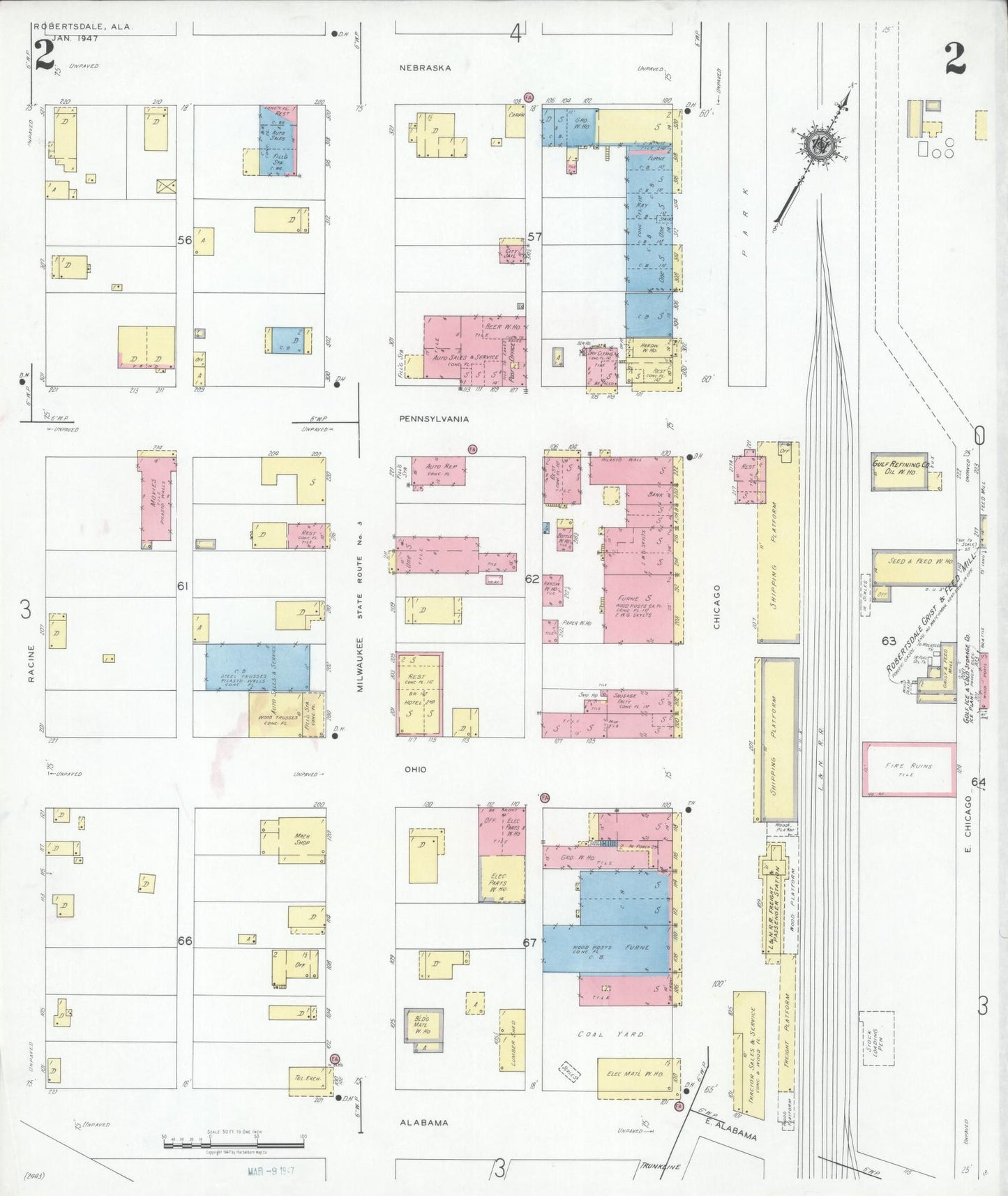 Sanborn Fire Insurance Map from Robertsdale, Baldwin County, Alabama (1947), Sheet #0002 - Complete Map Set gallery image, historic Sanborn map, vintage wall art, Alabama Alabama