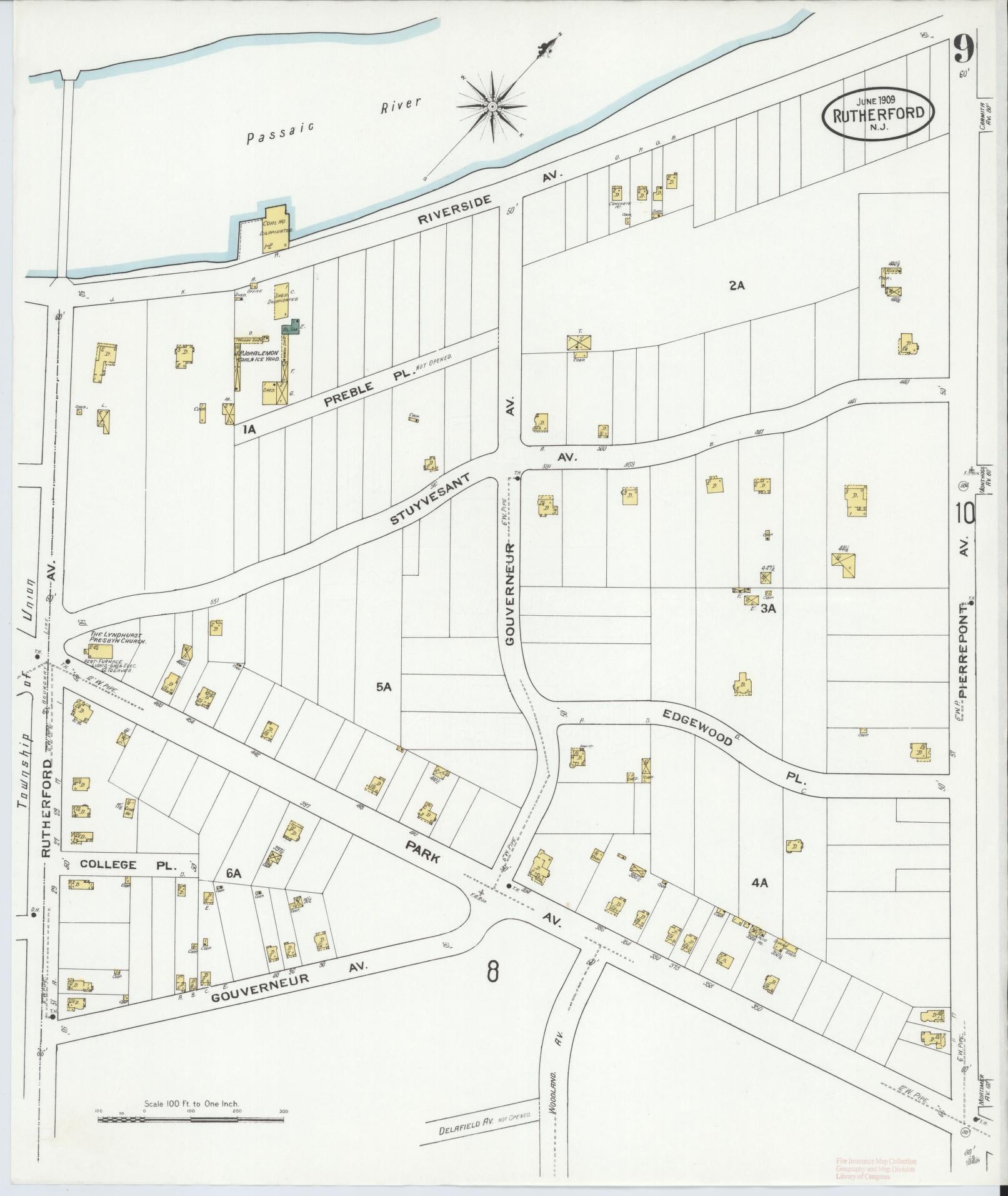 Sanborn Fire Insurance Map from Rutherford, Bergen County, New Jersey (1909), Sheet #0009 - Complete Map Set gallery image, historic Sanborn map, vintage wall art, New Jersey New Jersey