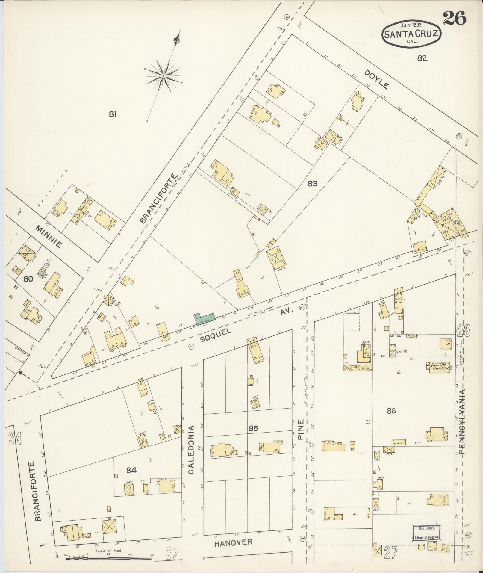Sanborn Fire Insurance Map from Santa Cruz, Santa Cruz County, California (1892), Sheet #0026 - Complete Map Set gallery image, historic Sanborn map, vintage wall art, California California