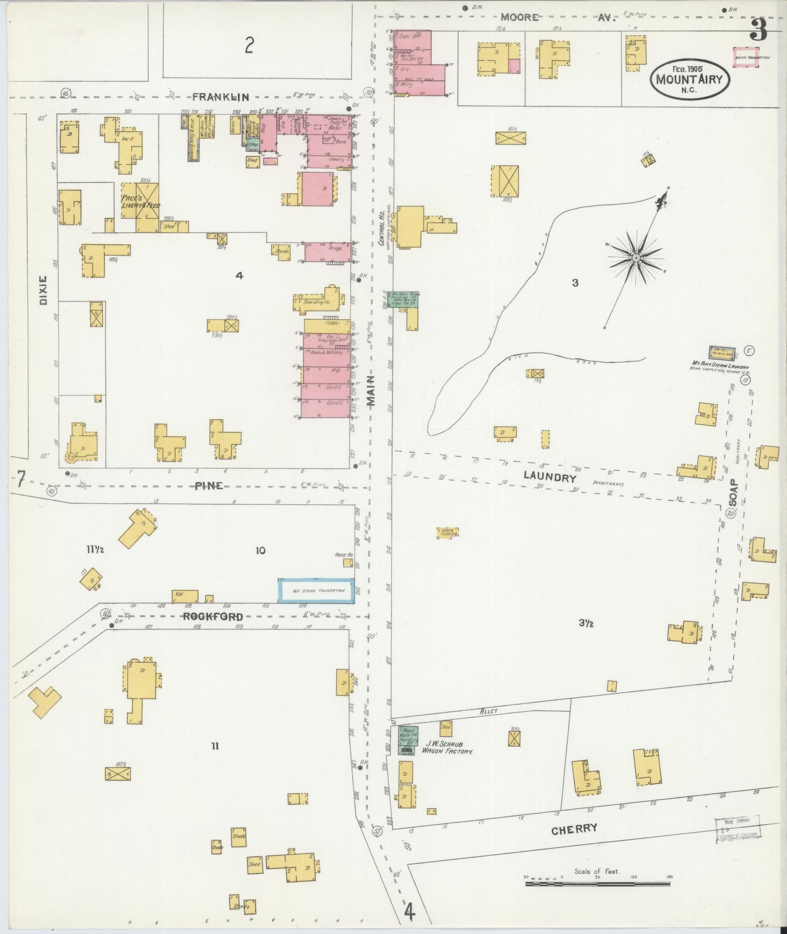 Sanborn Fire Insurance Map from Mount Airy, Surry County, North Carolina (1905), Sheet #0003 - Historic Sanborn Fire Insurance Map Print, vintage old map wall art, antique decor, genealogy gift, North Carolina North Carolina map