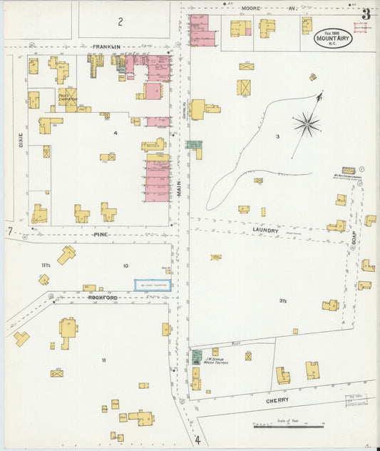 Sanborn Fire Insurance Map from Mount Airy, Surry County, North Carolina (1905), Sheet #0003 - Historic Sanborn Fire Insurance Map Print, vintage old map wall art, antique decor, genealogy gift, North Carolina North Carolina map