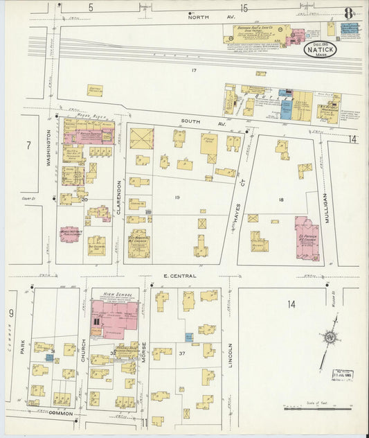 Sanborn Fire Insurance Map from Natick, Middlesex County, Massachusetts (1915), Sheet #0008 - Historic Sanborn Fire Insurance Map Print, vintage old map wall art, antique decor, genealogy gift, Massachusetts Massachusetts map
