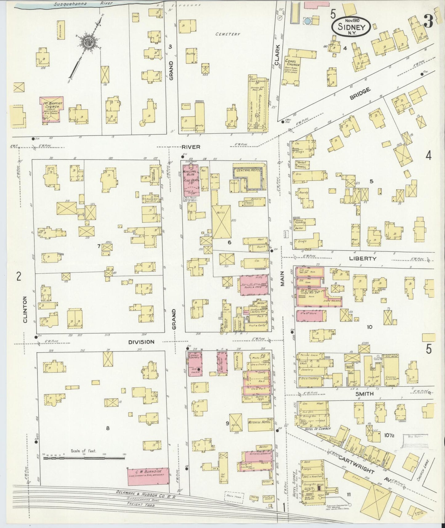 Sanborn Fire Insurance Map from Sidney, Delaware County, New York (1910), Sheet #0003 - Complete Map Set gallery image, historic Sanborn map, vintage wall art, New York New York